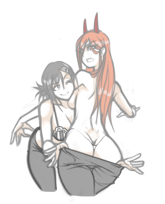 2girls, alternate version available, ass, assisted exposure, big ass, black hair, breasts, chainsaw man, demon, demon girl, exposed ass, exposed panties, female, higashiyama kobeni, horns, jago dibuja, long hair, pants pull, pin up, pink hair, power (chainsaw man), short hair, thick thighs, thighs, thong, yuri