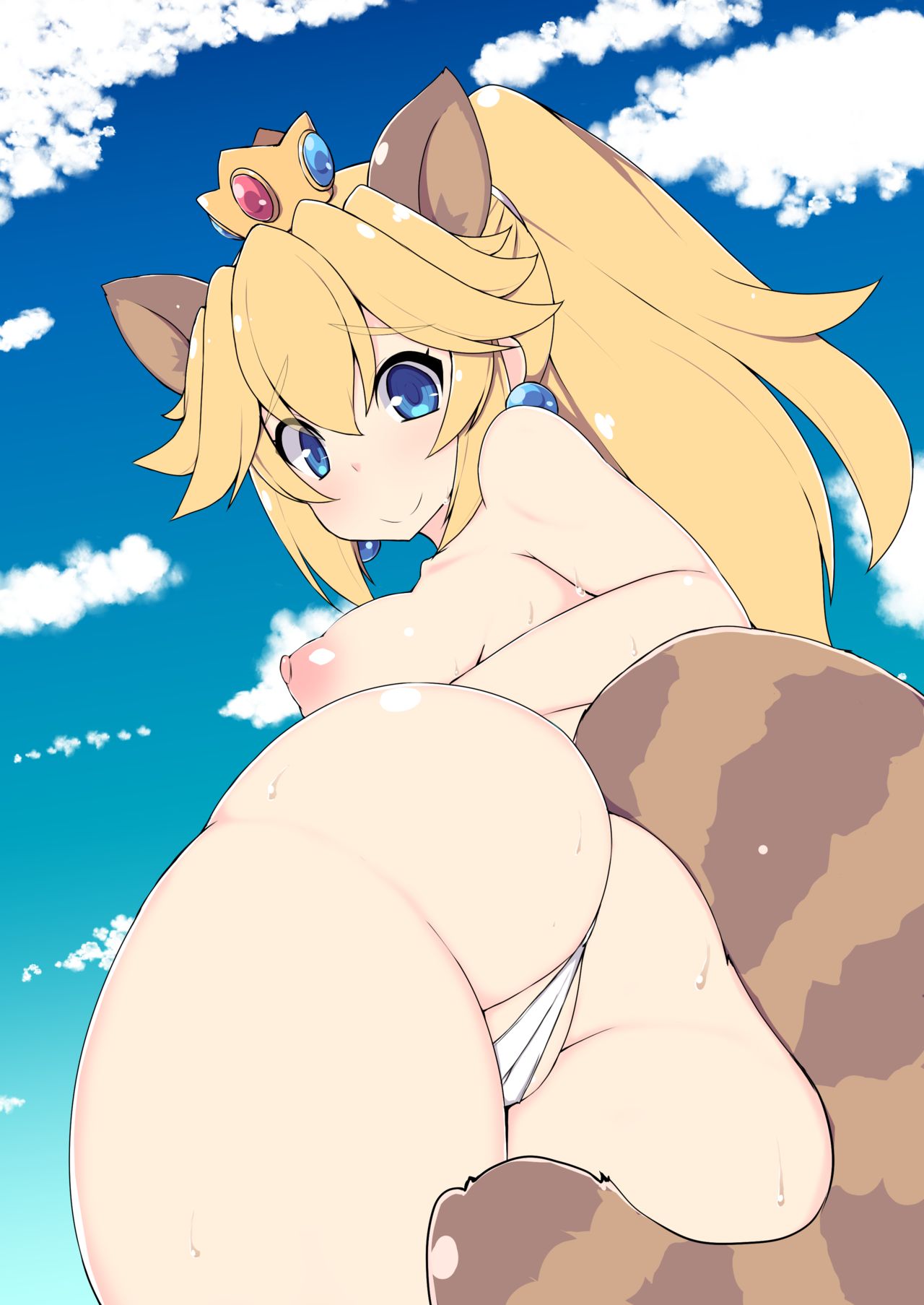 1girls animal_ears areolae ass blonde_hair blue_eyes breasts censored cloud crown earrings eyebrows_visible_through_hair female female_only from_behind higetora_(higeusagi346) looking_back mario_(series) new_super_mario_bros._2 nintendo nipples outdoors panties ponytail princess_peach pussy raccoon_ears raccoon_girl raccoon_peach raccoon_tail sideboob sky smile solo standing super_mario_bros. sweat tail topless underwear white_panties