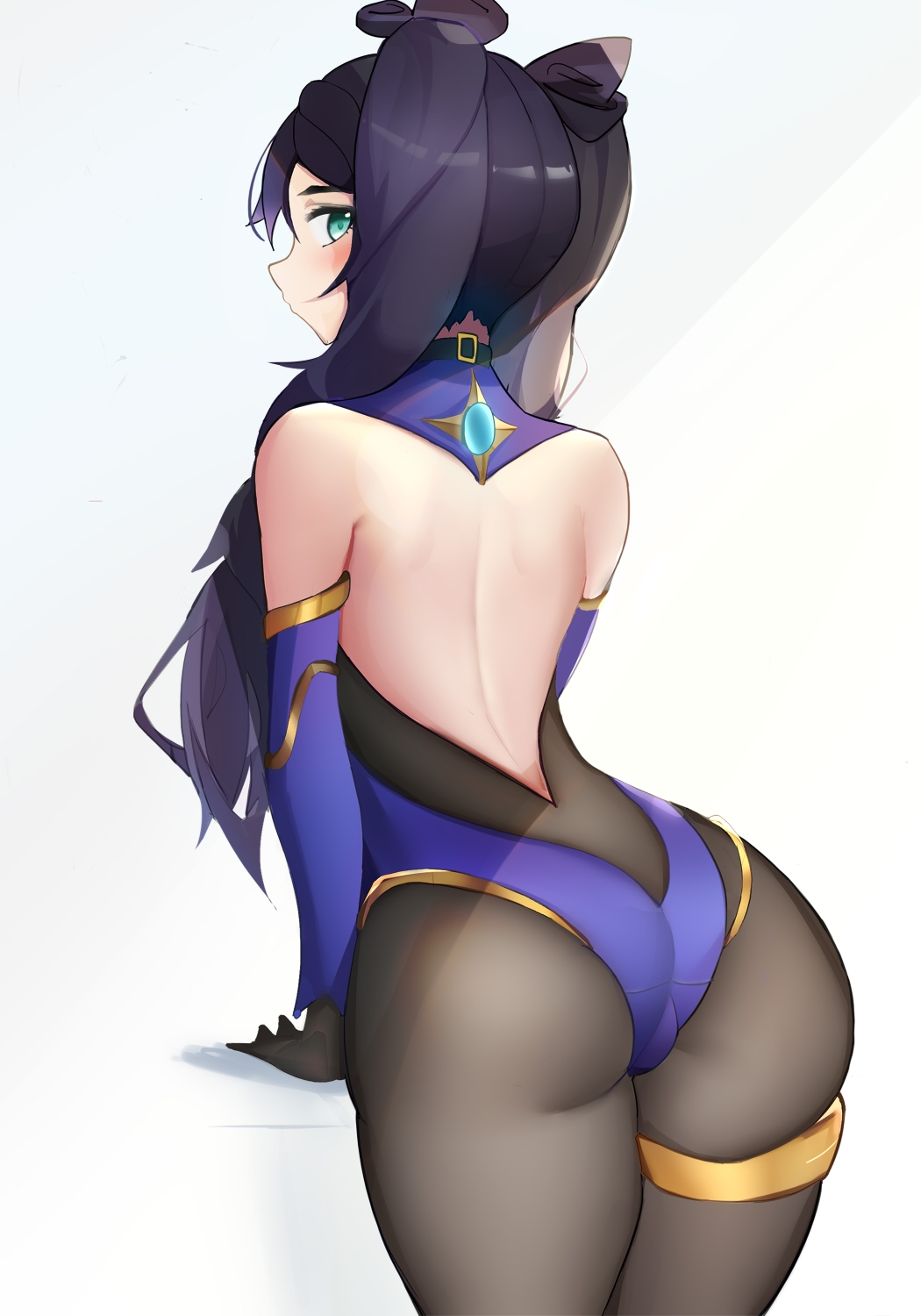 1girls, ass, ass focus, black legwear, blue eyes, eye contact, female, genshin impact, kumajin, leotard, looking at viewer, looking back, mona (genshin impact), pantyhose, sheer legwear, solo, standing, thick thighs, twintails