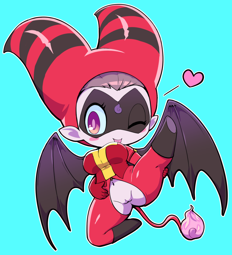 blue_background blush blush_stickers bodysuit chibi eyelashes female heart large_breasts no_panties nollety pointy_ears purple_eyes purple_hair sakichan solo tail unzipped unzipped_bodysuit wings yo-kai_watch