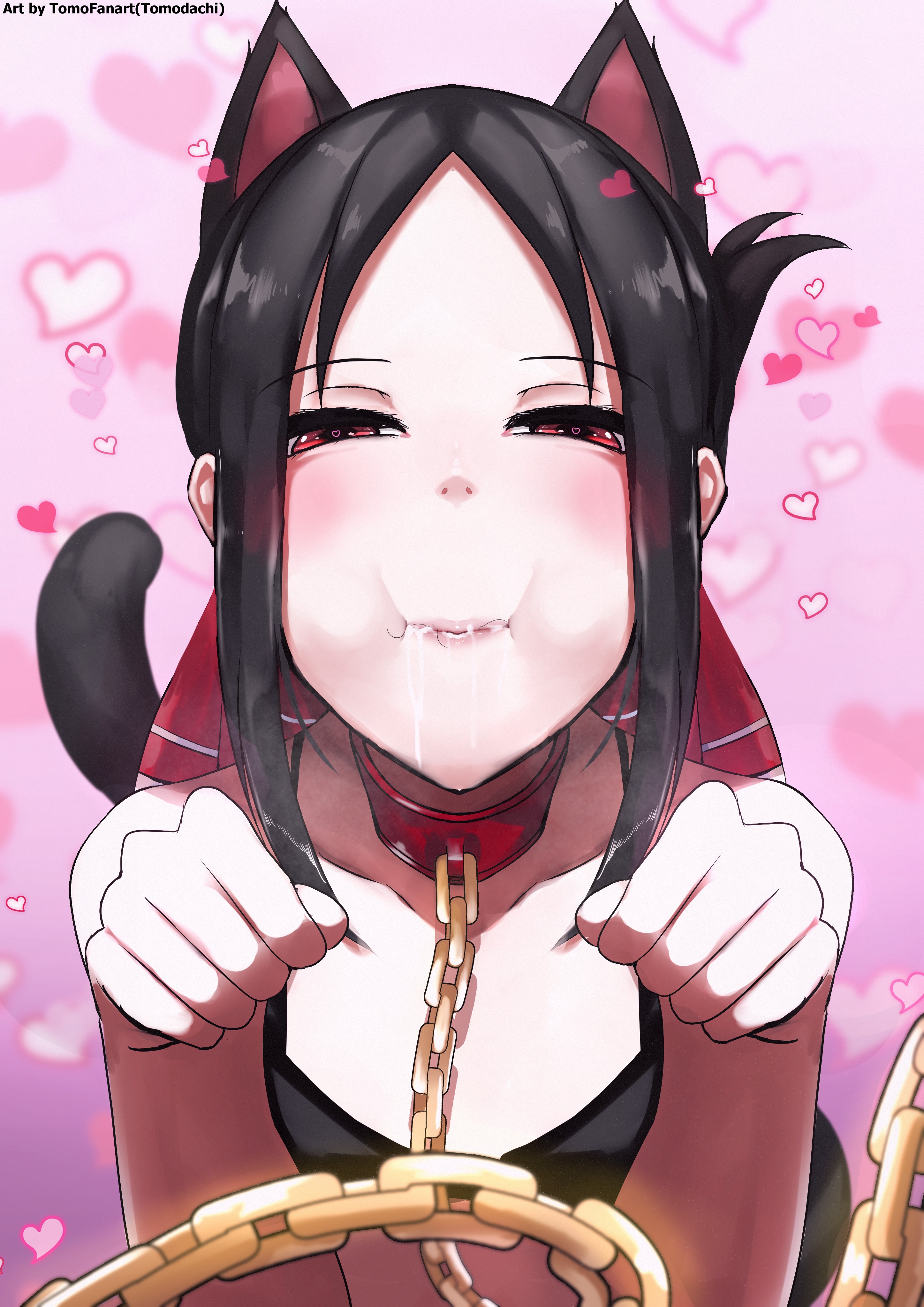 1girls, after fellatio, animal ears, black hair, blush, bra, breasts, collar, cum, cum in mouth, eye contact, fake animal ears, female, hair ribbon, half-closed eyes, implied fellatio, implied oral, kaguya-sama wa kokurasetai ~tensai-tachi no renai zunousen~, looking at viewer, pubic hair in mouth, pubic hair peek, red eyes, shinomiya kaguya, small breasts, solo, stray pubic hair, tail, tomodachi (tomofanart), upper body