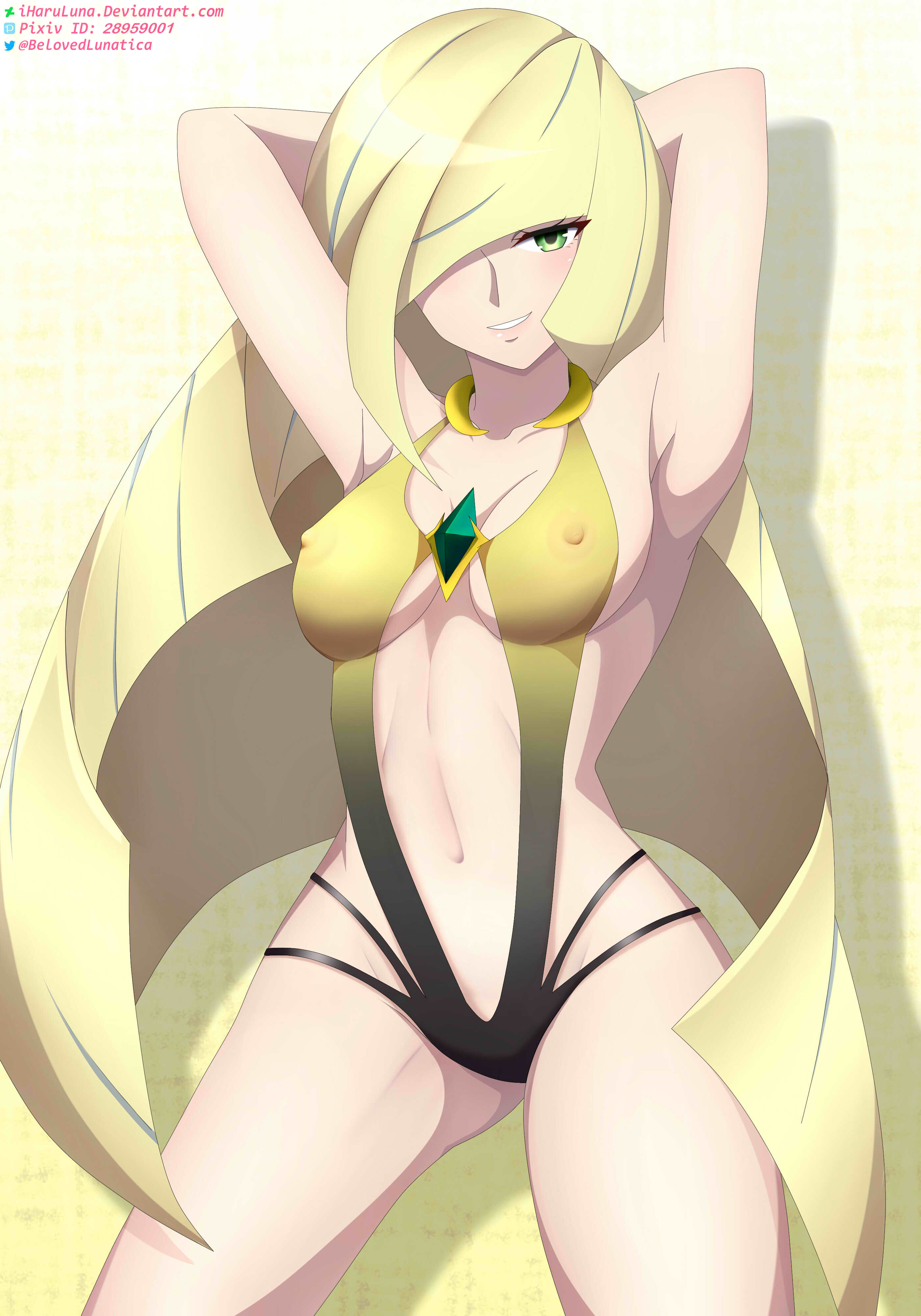 1girls, arms behind head, arms up, big breasts, blonde hair, blush, breasts, eye contact, female, green eyes, iharuluna (artist), long hair, looking at viewer, lusamine (pokemon), mature female, milf, nintendo, nipple bulge, pokemon, pokemon sm, solo, standing, thick thighs, thighs