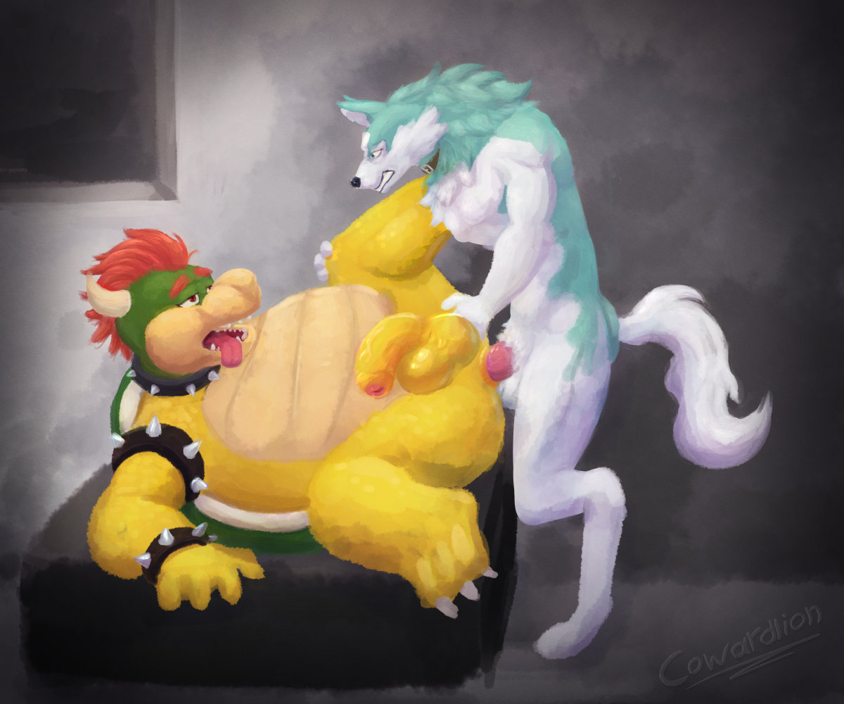 anal anal_sex anthro balls bara bowser bracelet brand_new_animal canid canine canis collar cowardlion duo erection fur genitals hair jewelry male male/male mammal mario_(series) nintendo open_mouth penetration penis shirou_ogami simple_background spiked_bracelet spiked_collar spikes studio_trigger tongue tongue_out video_games wolf