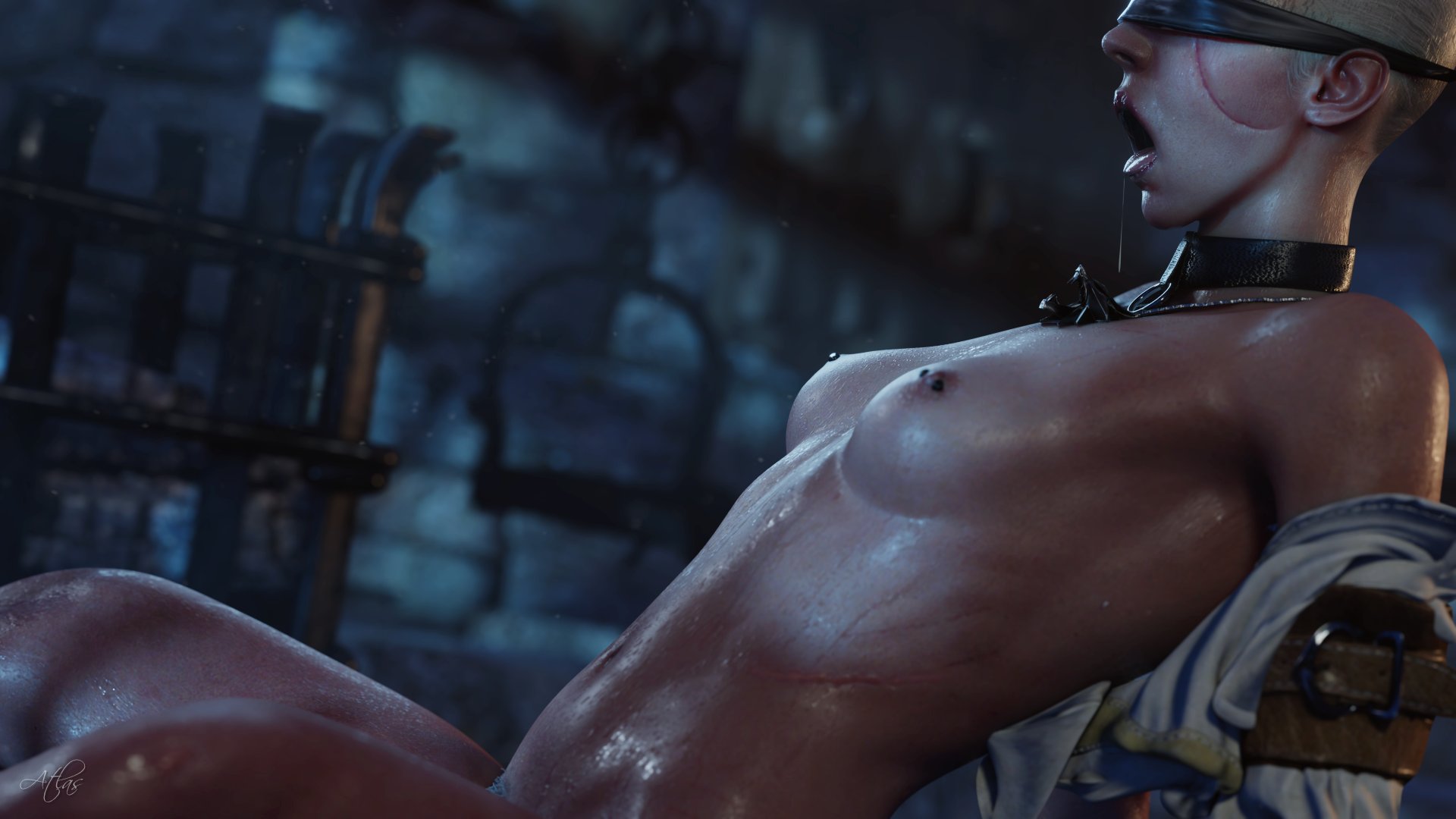 1girls, 3d, areolae, atlassfm, blindfold, bondage, breasts, ciri, female, female only, femsub, nipple piercing, nipples, nude, piercing, restrained, shaved head, solo, source filmmaker, the witcher (series), the witcher 3: wild hunt
