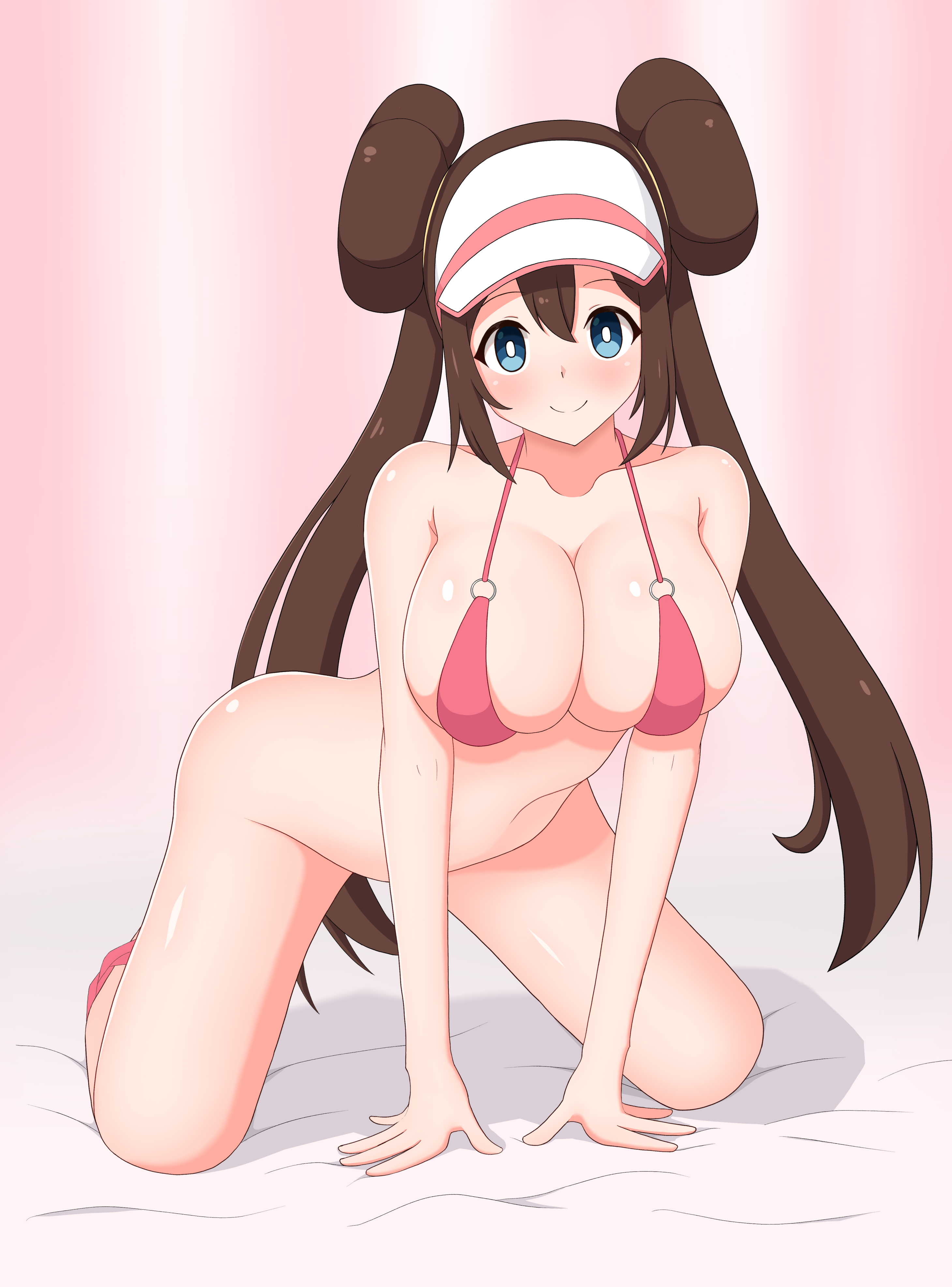 1girls, alternate breast size, big breasts, bikini, blue eyes, bottomless, breasts, brown hair, double bun, doughnut hair bun, eye contact, female, huge breasts, large breasts, looking at viewer, nintendo, pokemon, pokemon bw2, rosa (pokemon), solo, sora kaworu, thighs, twintails