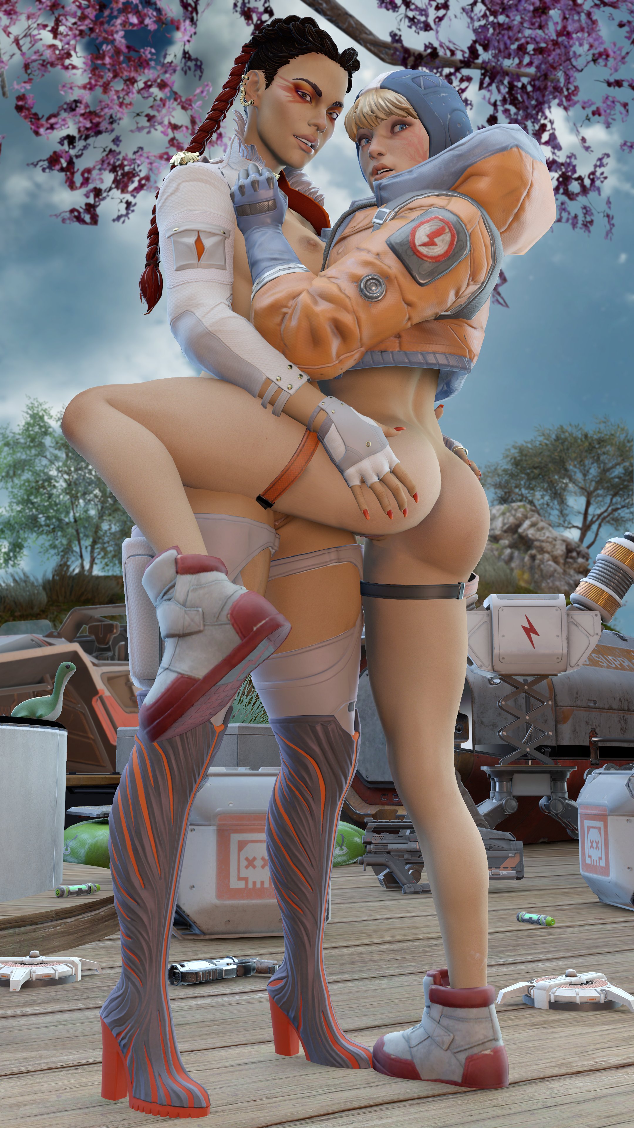 2girls, apex legends, ass, big ass, big breasts, blonde hair, blue eyes, blue gloves, boobs, breasts, brown eyes, cleavage, dark skin, dark-skinned female, earrings, eyebrows, facepaint, female, female only, gloves, grabbing ass, high heel boots, high heels, human, interracial, lesbian, lichtenberg figure, light skin, light-skinned female, loba (apex legends), long nails, looking at viewer, mostly nude, mouth open, multicolored hair, multiple females, multiple girls, nipples, one leg up, orange topwear, posing, pussy, red nails, scar, sfm martin, shoes, smiling at viewer, teasing, tits, topwear, twintails, vagina, wattson (apex legends), white gloves, white topwear, yuri