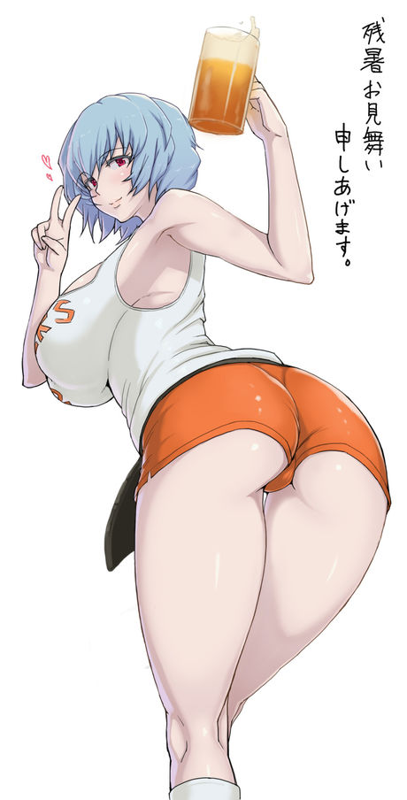 1girls, ass, big ass, blush, breasts, clothing, female, hooters, huge breasts, large breasts, looking at viewer, looking back, neon genesis evangelion, peace sign, rei ayanami, short shorts, shorts, sole female, solo, thick thighs, translation request, wide hips