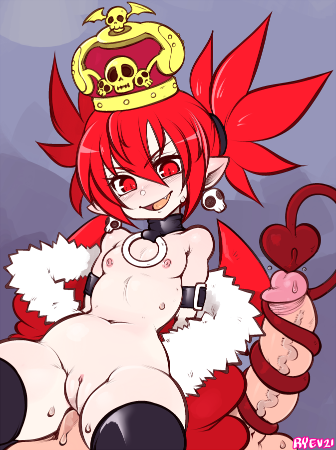 1boy 1girls areolae collar crown dark_ryev demon demon_girl demon_tail disgaea disgaea_1 earrings etna fangs female female_focus flat_chest legwear long_hair male nipples nippon_ichi_software nude nude_female o-ring penis pointy_ears ponytail pussy red_eyes red_hair ryev slit_pupils smile tail tail_around_penis tail_wrap thigh_squish veiny_penis wings