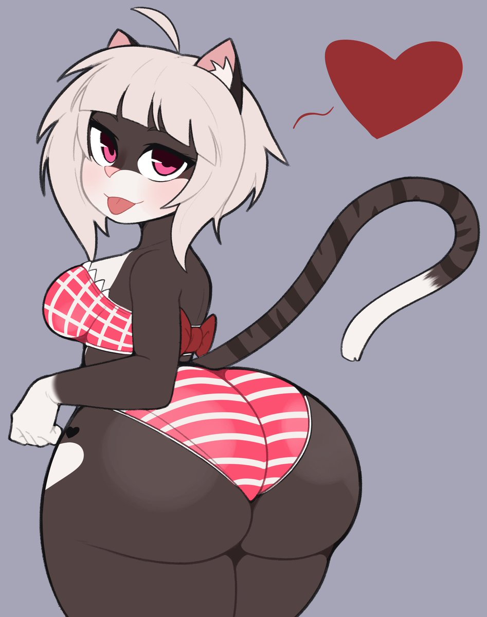 1girls, ahoge, ass, big ass, bikini, bottom heavy, breasts, cat ears, cat girl, cat humanoid, cat tail, catgirl, commission, commission art, curvy, cute, dark skin, dark-skinned female, domestic cat, feline, female, grey hair, heart, huge ass, red bow, short hair, shortstack, small breasts, solo, solo focus, tongue, tongue out, underwear, vammzu, wide hips