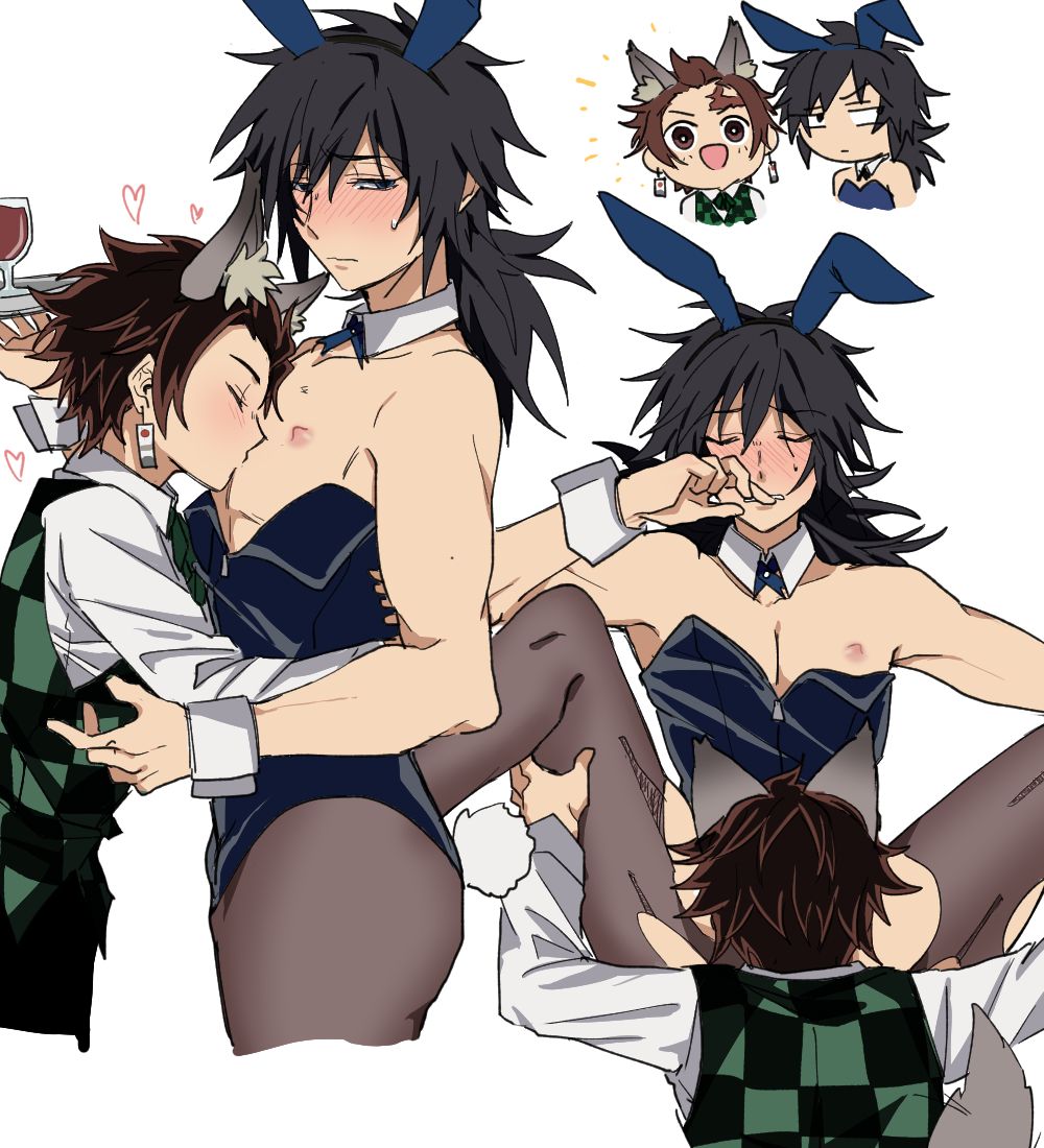 2boys, ambush (trap), animal ears, black hair, blush, brown hair, bunny boy, bunny ears, bunny tail, bunnysuit, collar, demon slayer, fellatio, gay, implied fellatio, kamado tanjirou, kimetsu no yaiba, kissing, male, male only, multiple scenes, oral, pantyhose, ponytail, ripped pantyhose, spread legs, tomioka giyuu, torn pantyhose, waiter, wolf ears, wrist cuffs, yaoi