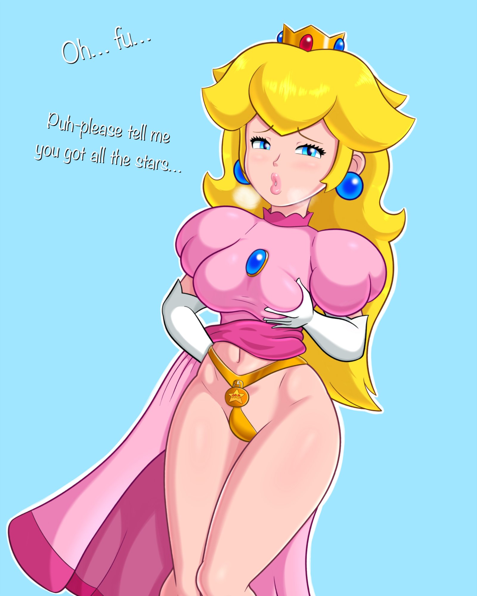 1girls, blonde hair, blue background, blue earrings, blue eyes, blush, breast grab, breasts, brooch, chastity, chastity belt, chastity device, clothing, crown, curvy female, desperation, dress, dress aside, dutch angle, earrings, elbow gloves, english text, facing viewer, feet out of frame, female, female chastity, female only, femsub, gloves, half-closed eyes, horny, knees together feet apart, long hair, looking at viewer, mario (series), medium breasts, pink dress, pink lips, princess peach, puckered lips, self exposure, self fondle, simple background, sleepiitreat, solo, sphere earrings, standing, super mario 64, text, thighs, wanting sex, white gloves, white outline