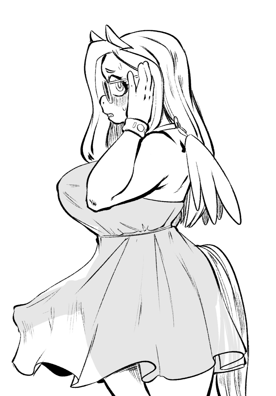 1futa, animal genitalia, anthro, big breasts, big penis, bottomless, bottomless dress, box chan, breasts, bulge, clothed, clothing, dress, embarrassed, erection, erection under clothes, erection under skirt, fluttershy (mlp), fully clothed, futa only, futanari, futashy, glasses, horsecock, huge breasts, huge cock, hyper, hyper penis, inktober, intersex, monochrome, my little pony, nervous, penis, see-through, side view, sideboob, silhouette, solo, standing, straight hair, sweat, tenting, wings