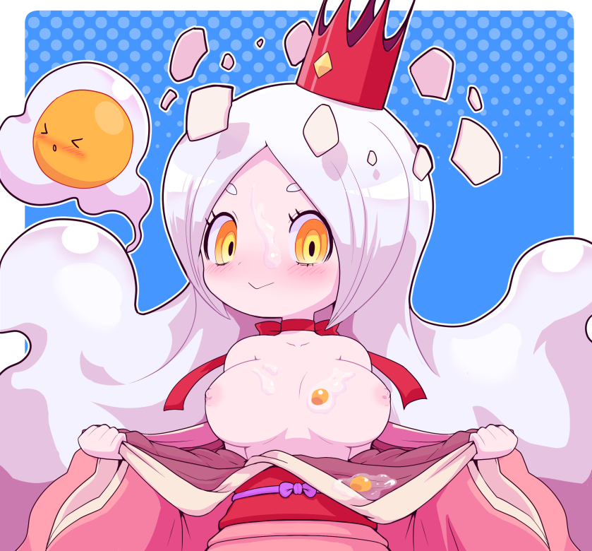 blush broken_egg crown egg eggs exhibitionism eyelashes female_focus her_eggcelency japanese_clothes large_breasts long_hair no_bra nollety smile white_hair yo-kai_watch