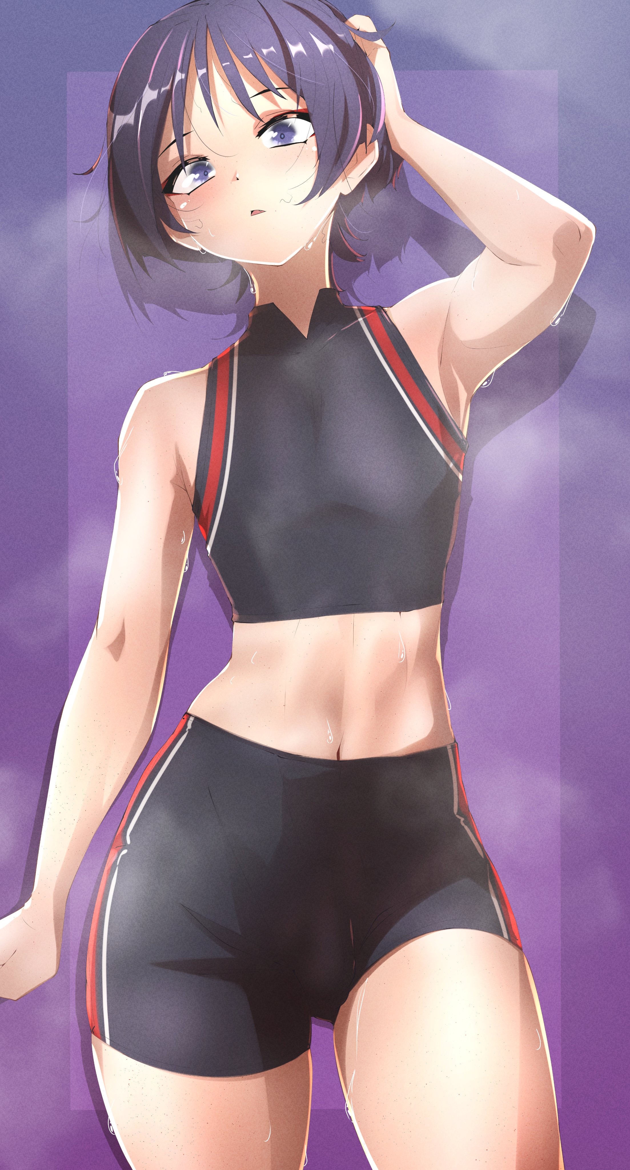 1boy, bare shoulders, blue eyes, blue hair, clothed, clothing, crop top, genshin impact, gym clothes, looking at viewer, male, male only, midriff, scaramouche (genshin impact), shorts, solo, sweat, sweaty, sweaty body, thighs, twink