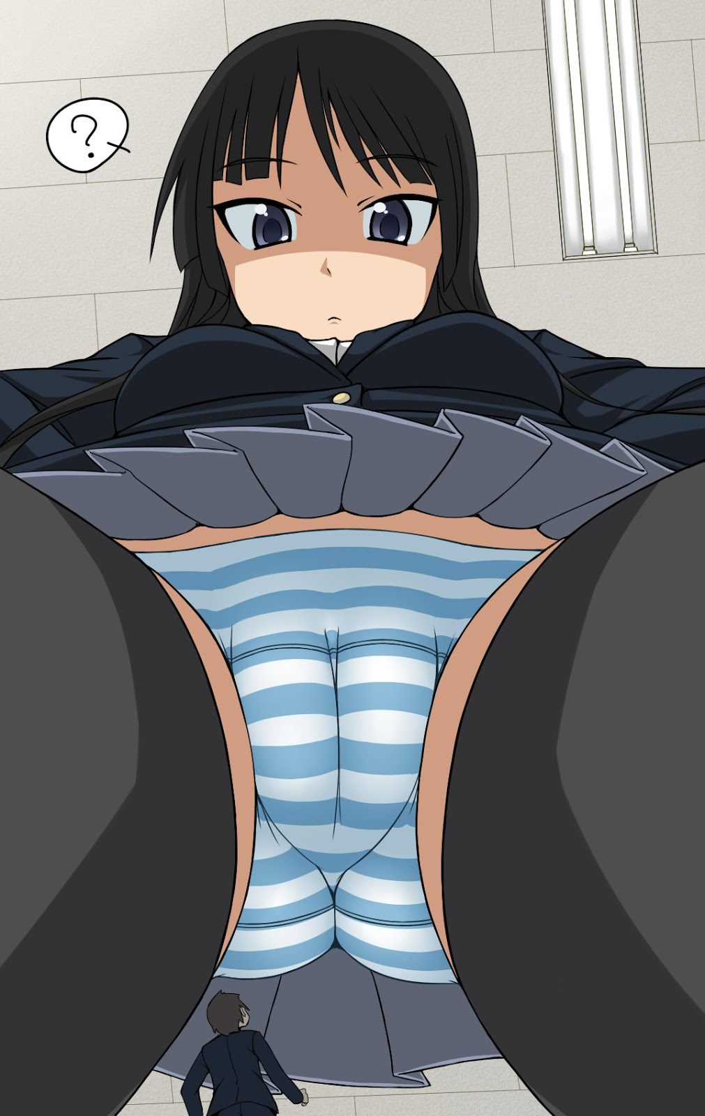 1boy black_hair black_socks blue_striped_panties female female_focus giantess k-on! looking_down mio_akiyama_(k-on!) ochiko_terada panties school_uniform schoolgirl size_difference upskirt