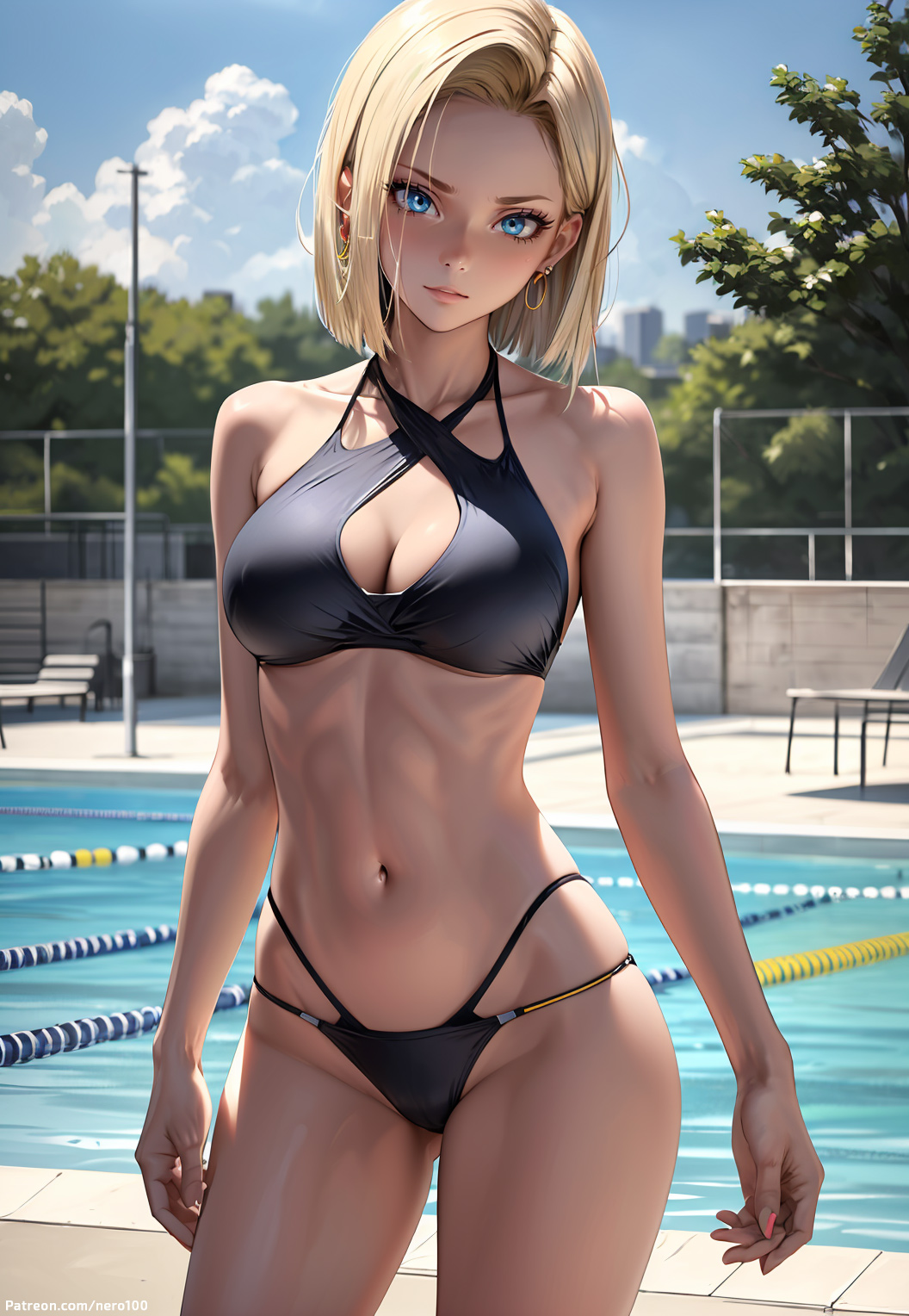 1girls, 2d, ai generated, android, android 18, athletic, athletic female, bare shoulders, belly, big breasts, bikini, bikini bottom, bikini top, blonde hair, blue eyes, bob cut, breasts, chest, curvy, curvy figure, cute, cute face, detailed, dragon ball, dragon ball fighterz, dragon ball super, dragon ball z, earrings, eyelashes, eyeshadow, female, female only, fit, fit female, focus, high quality, hoop earrings, legs, light skin, light-skinned female, lips, lipstick, looking at viewer, makeup, mascara, mature, medium breasts, medium hair, midriff, naked, navel, nero100, pale skin, pale-skinned female, petite, pool, poolside, posing, seductive, seductive eyes, seductive look, slim, stable diffusion, standing, string bikini, tagme, thighs, yellow hair