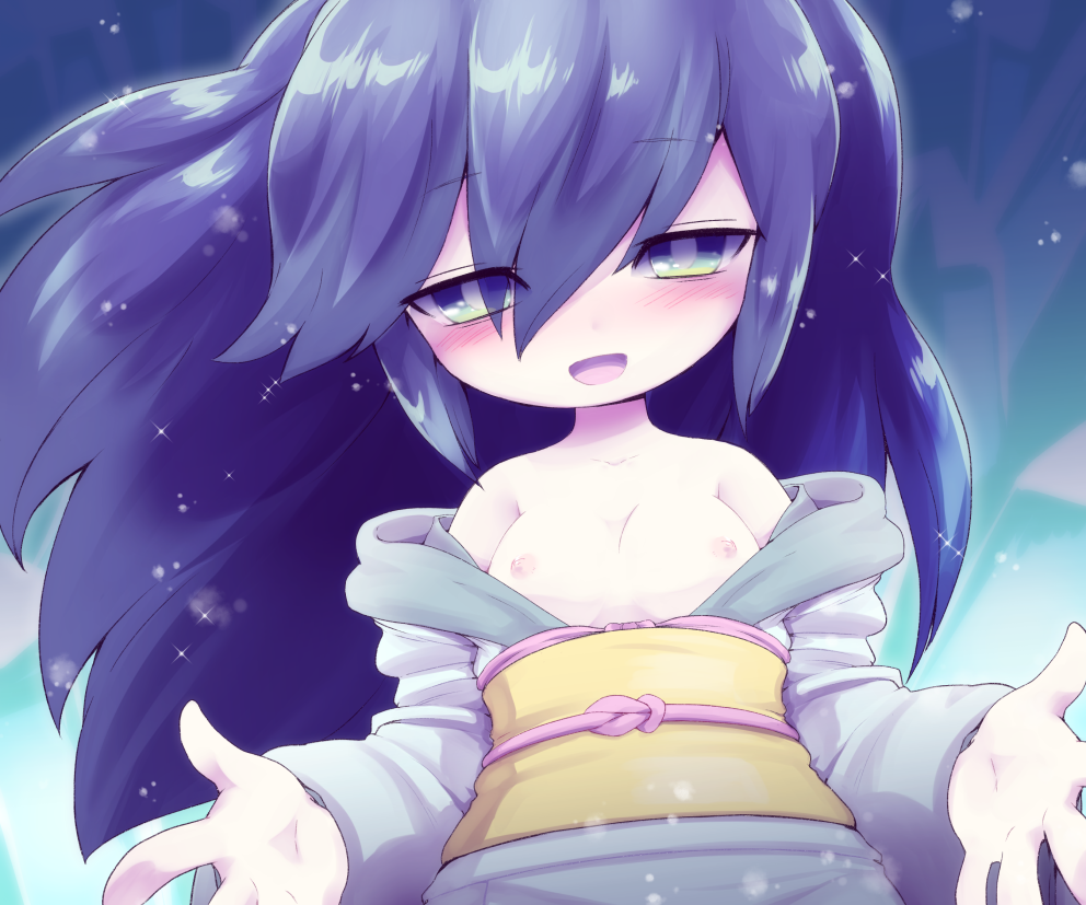 blizzaria blue_hair blush female fubuki-hime japanese_clothes long_hair looking_at_viewer no_nose nollety open_mouth reaching_out small_breasts smile solo yo-kai_watch youkai youkai_watch yōkai