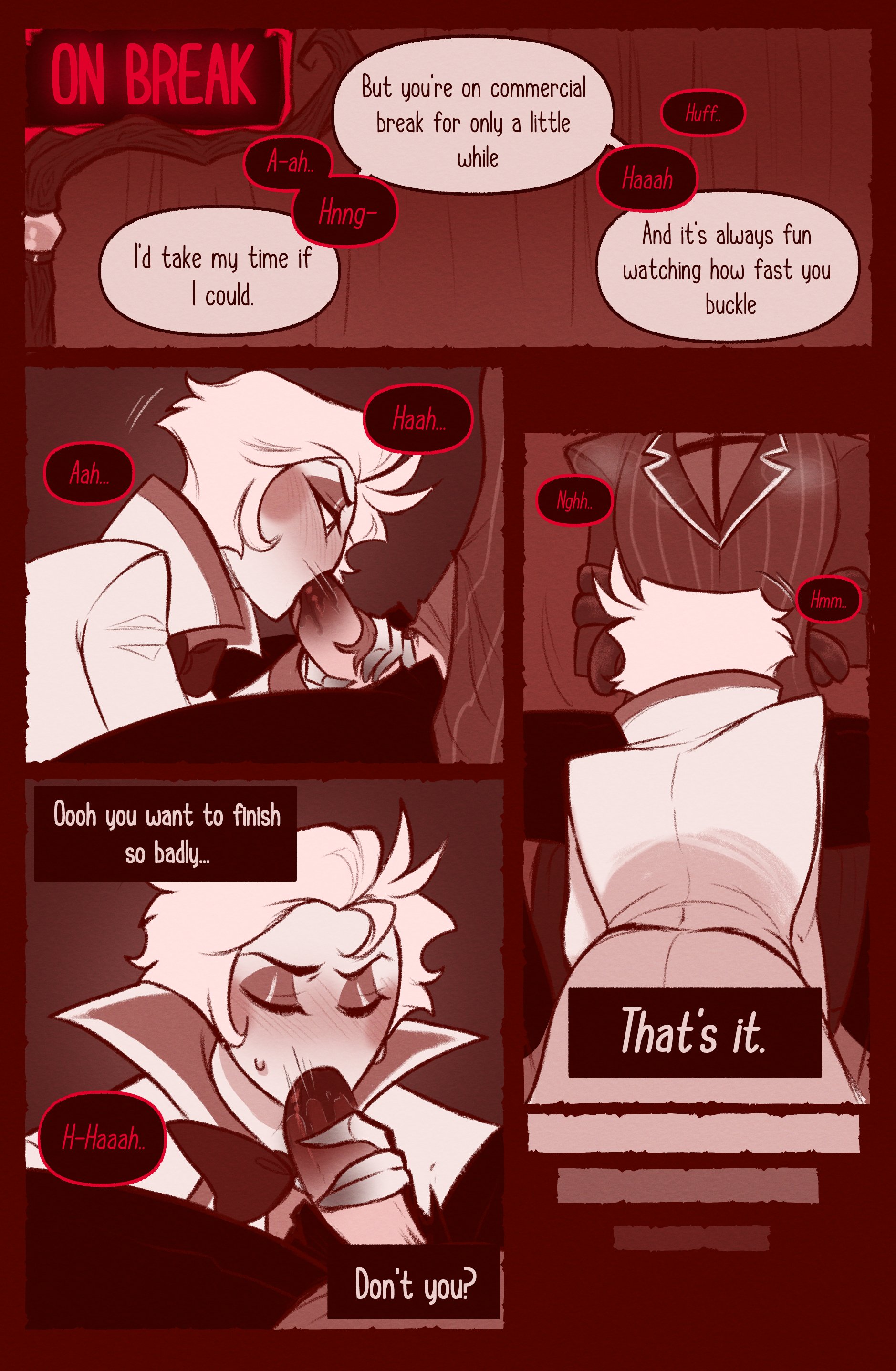 2boys, alastor (hazbin hotel), blowjob, blush, clothed, comic, demon, erection, fellatio, handjob, hazbin hotel, kneeling, lucifer morningstar (hazbin hotel), male, male only, penis, radioapple, restrained, sharp teeth, sinningapple, tentacle, text, undressing