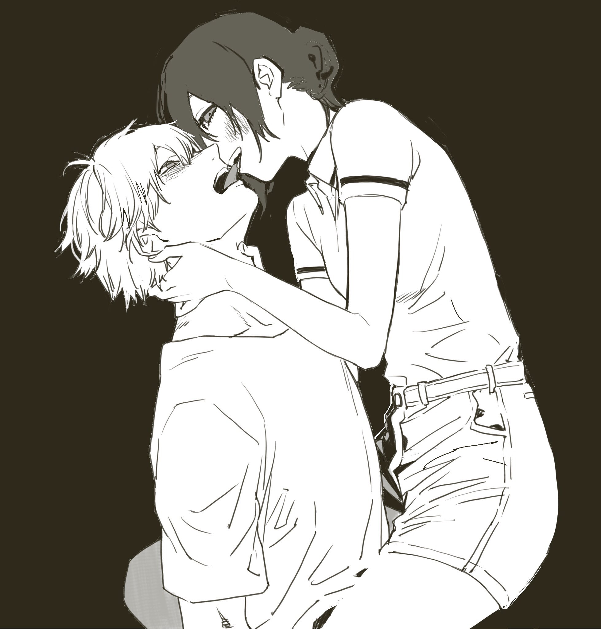 1boy, 1girls, assertive female, between legs, bigger male, bite, biting, biting tongue, blushing, chainsaw man, demon, denji (chainsaw man), duo, duo focus, female, fully clothed, hand on face, highres, hugging, looking at viewer, male, ponytails, reze (chainsaw man), sharp teeth, shirt, shirt tucked in, short hair, shorts, standing, thighs, tongue, tongue bite, tongue kiss, tongue out, torso, unknown artist