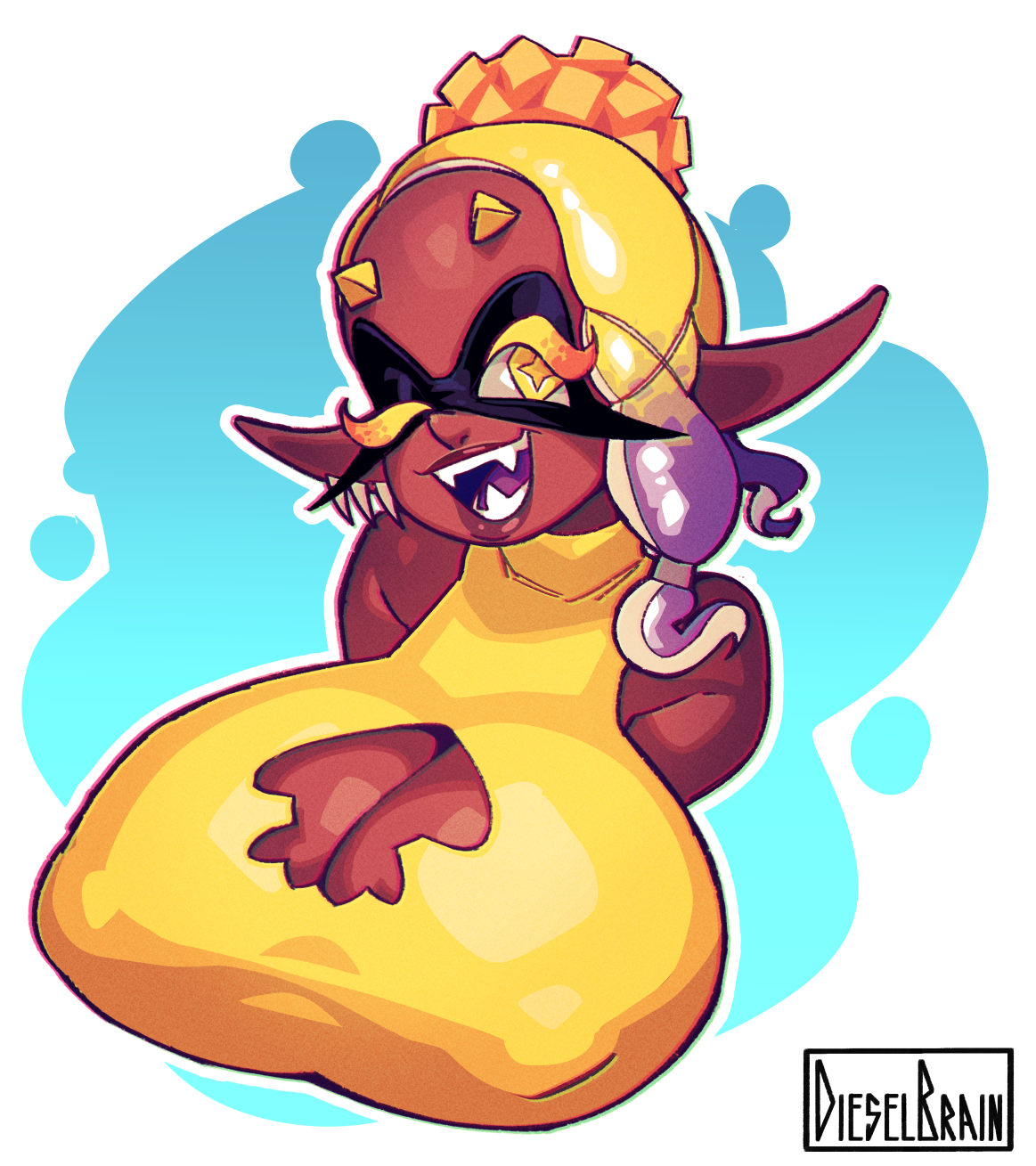 1girls, abstract background, artist name, breasts, cleavage, cleavage cutout, cleavage window, cute, dark skin, dark-skinned female, deep cut (splatoon), dieselbrain, female, frye (splatoon), gigantic breasts, huge breasts, indian female, nintendo, pointy ears, sharp teeth, simple background, splatoon, splatoon 3, watermark, wink