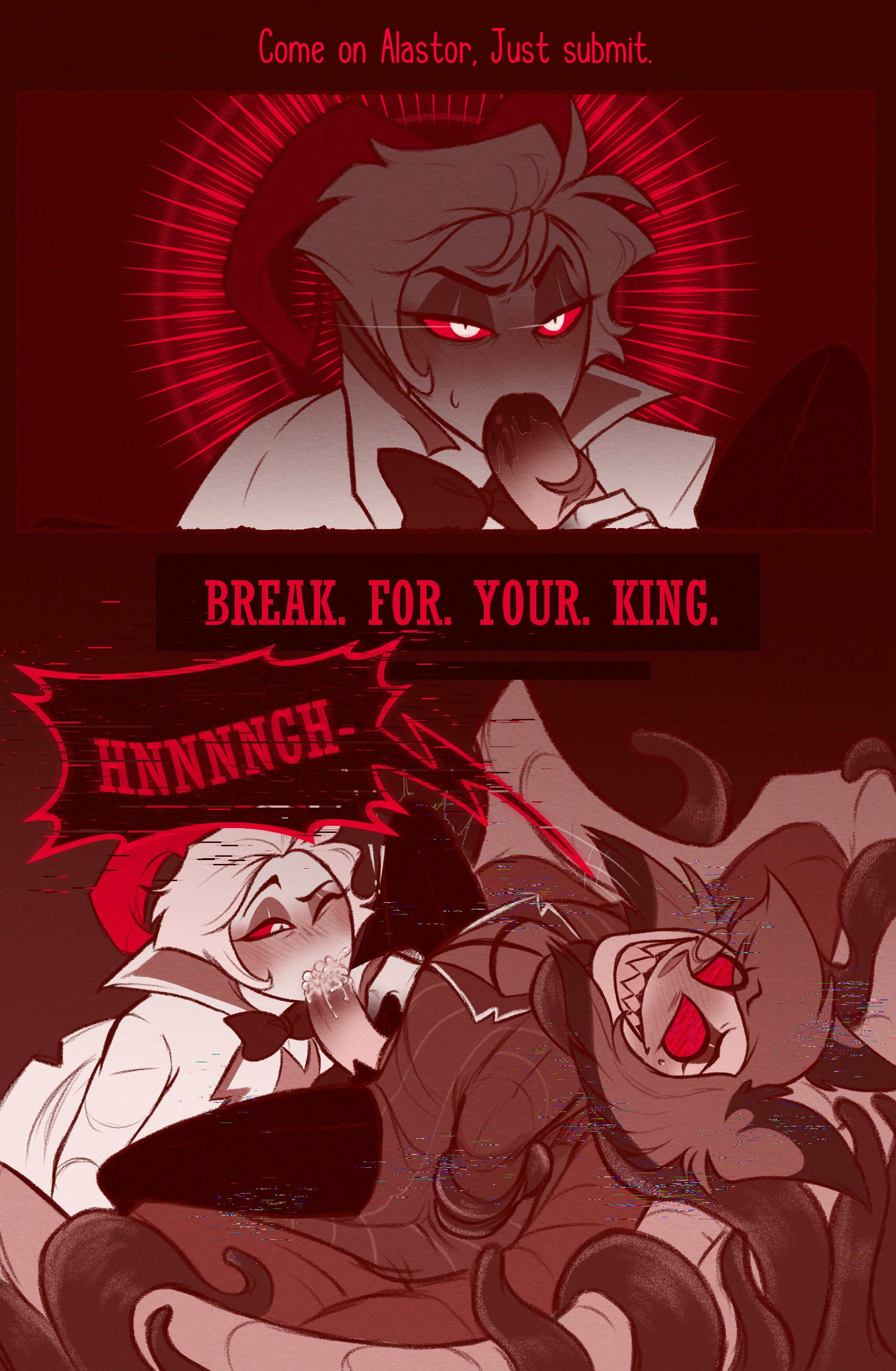 2boys, alastor (hazbin hotel), blowjob, blush, clothed, comic, cum, cum in mouth, cumming, demon, erection, fellatio, handjob, hazbin hotel, kneeling, licking, licking penis, lucifer morningstar (hazbin hotel), male, male only, orgasm, penis, radioapple, restrained, restrained top oral, sharp teeth, sinningapple, tentacle, text, timed, undressing