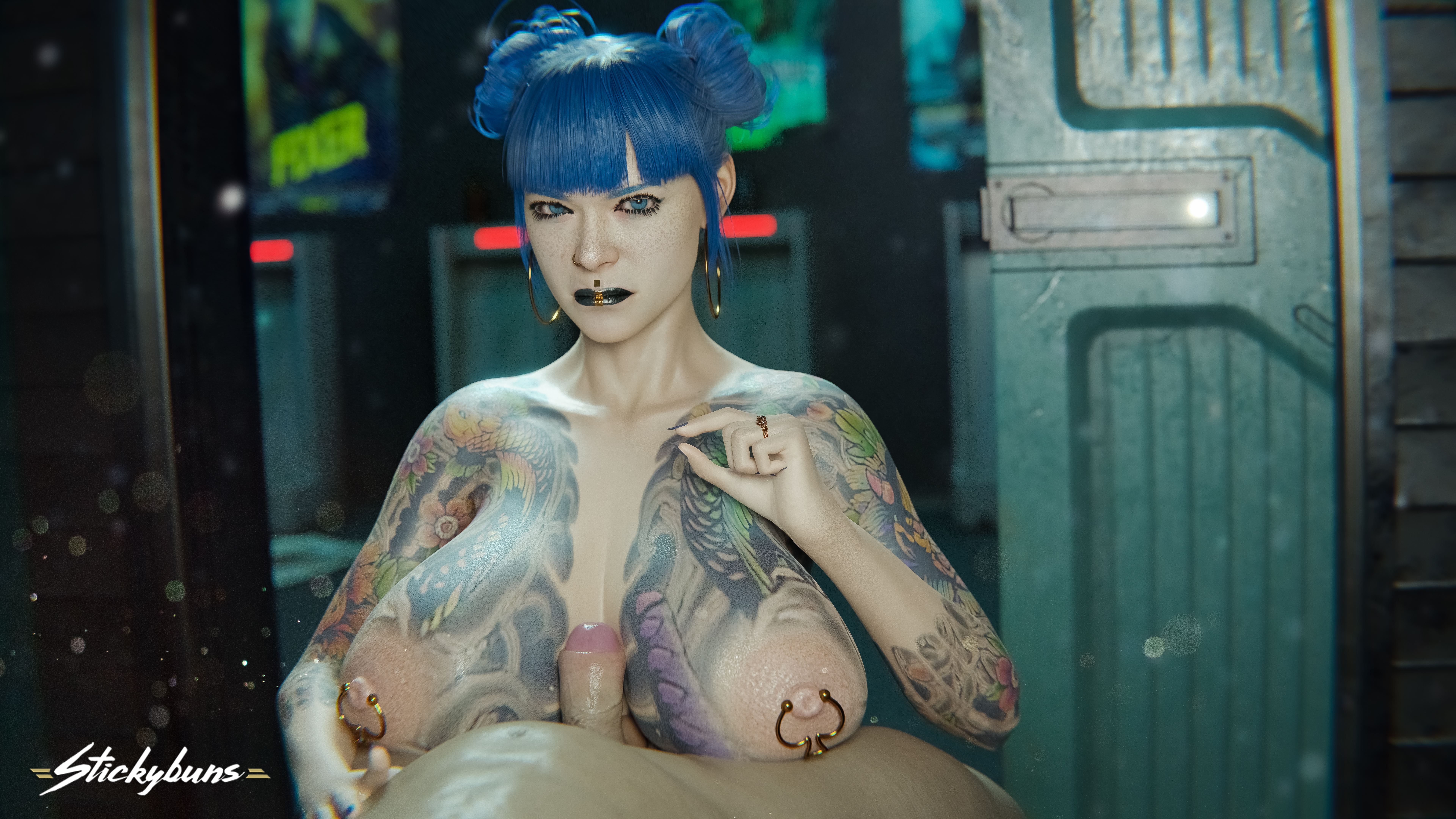 1boy, 1girls, 3d, breasts, cheri nowlin, cyberpunk 2077, female, hoop earrings, large breasts, looking at viewer, male, male/female, nipple piercing, nipples, penis, piercing, pinching gesture, pov, queen of spades, small penis, small penis gesture, small penis humiliation, spade nipple piercing, stickybuns, tattoo, tattoos, tattoos everywhere, yakuza tattoo
