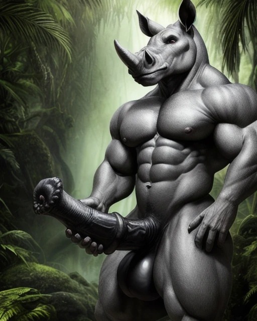 1boy ai_generated anthro equine_penis horse_penis horsecock huge_balls huge_cock lonely_man massive_balls massive_penis monster monster_cock muscular muscular_anthro muscular_male rhinoceros