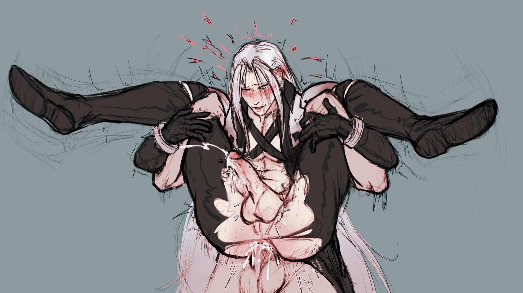 2boys, ambush (trap), anal, anal sex, ass, balls, ballsack, black clothing, blush, boots, clothed, cum, cum in ass, cum inside, cum while penetrated, cumming while penetrating, cumshot, drooling, femboy, final fantasy, final fantasy vii, frnbenises, gay, gay anal, gay sex, green eyes, half-closed eyes, handsfree ejaculation, heart, hearts around head, legs held open, legs up, lifting person, light skin, light-skinned male, limited palette, long hair, male, male only, male/male, muscular, muscular male, penis, penis out, pleasure face, revealing clothes, reverse stand and carry position, ripped clothing, ripped pants, sephiroth, silver hair, simple background, sketch, spread legs, square enix, straps across chest, submissive, submissive male, tagme, testicles, torn clothes, villain, yaoi