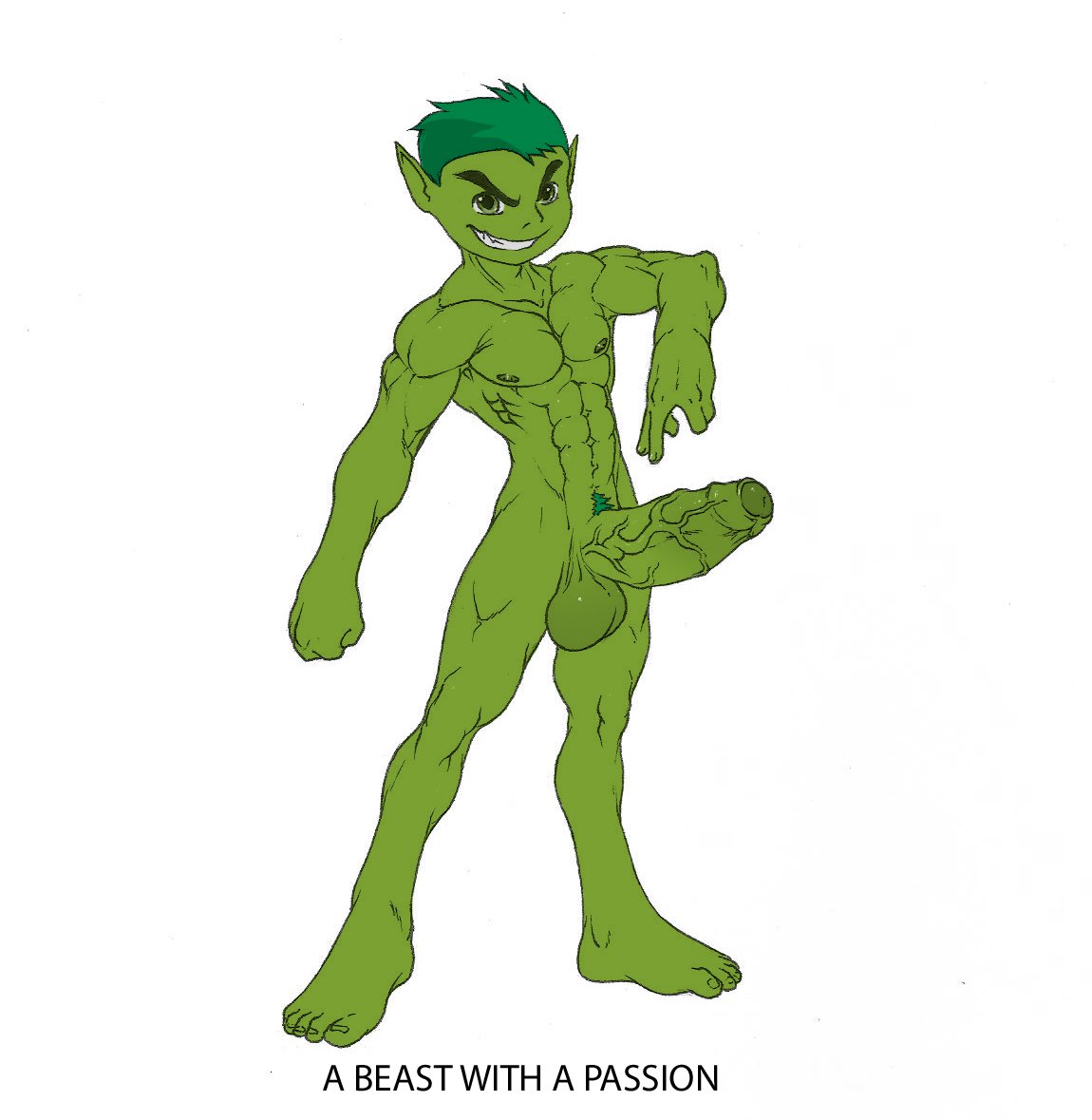 2017 abs balls beast_boy big_penis boner dc english_text erection foreskin genitals green_hair green_skin humanoid humanoid_genitalia humanoid_penis humanoid_pointy_ears looking_at_viewer male male_focus male_only muscular muscular_male nipples nude pecs penis pubes simple_background solo solo_male text utx-shapeshifter vein veiny_penis