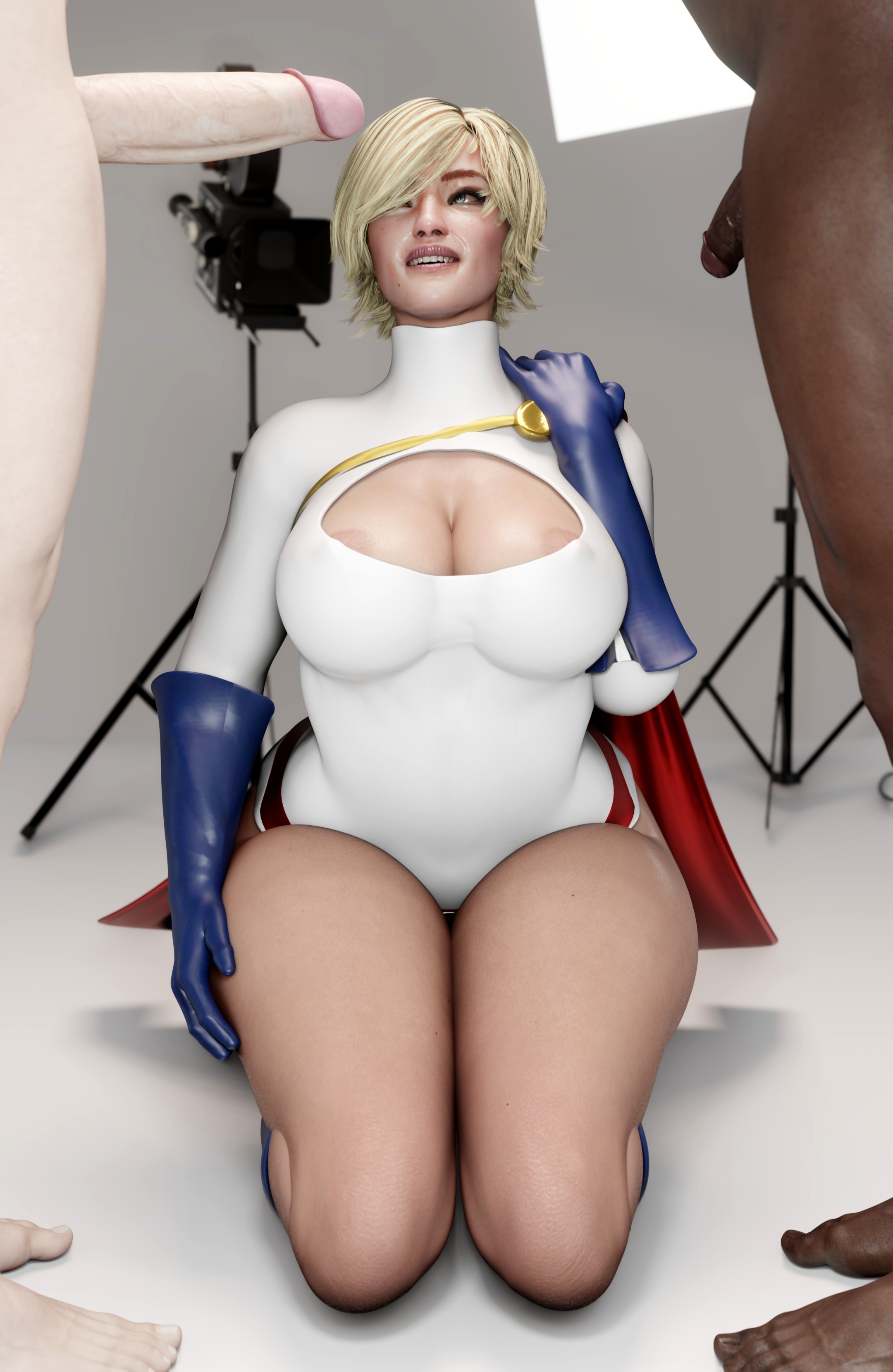 1girls, 2boys, 3d, big breasts, big penis, blonde hair, boob window, breasts, cleavage, cleavage cutout, completely naked, completely nude, cuckold, dark skin, dark-skinned male, dark-skinned sub, dc, dc comics, female, huge cock, humiliation, imminent oral, kara zor-l, karen starr, large penis, light skin, light-skinned female, light-skinned male, male, nipples visible through clothing, nude, nude male, pale skin, pale-skinned female, pale-skinned male, penis, penis size comparison, penis size difference, power girl, size comparison, size difference, size queen, small penis, small penis humiliation, smile, ssync92, superman (series), white is bigger