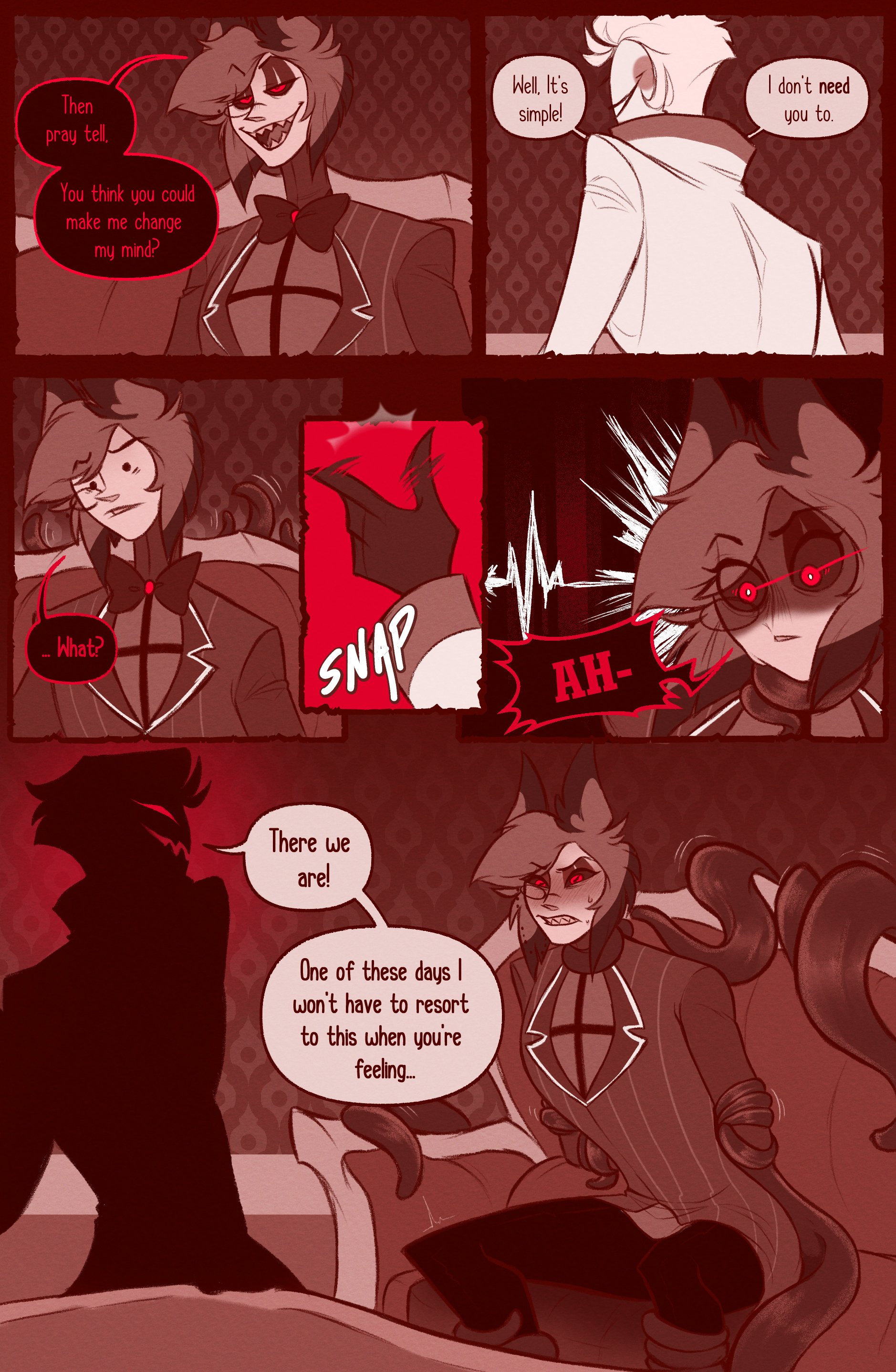 2boys, alastor (hazbin hotel), blush, choking, clothed, comic, demon, hazbin hotel, lucifer morningstar (hazbin hotel), male, male only, radioapple, restrained, sinningapple, tentacle, text
