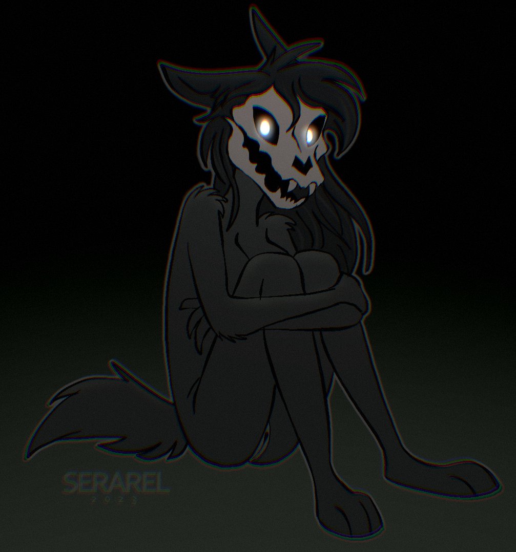 anthro black_background black_body black_fur black_hair bone breasts canid fangs female fur genitals glowing glowing_eyes hair looking_at_viewer mal0 malo mammal nude pussy scp-1471 scp-1471-a scp_foundation serareldeer simple_background sitting skull skull_head solo teeth white_eyes