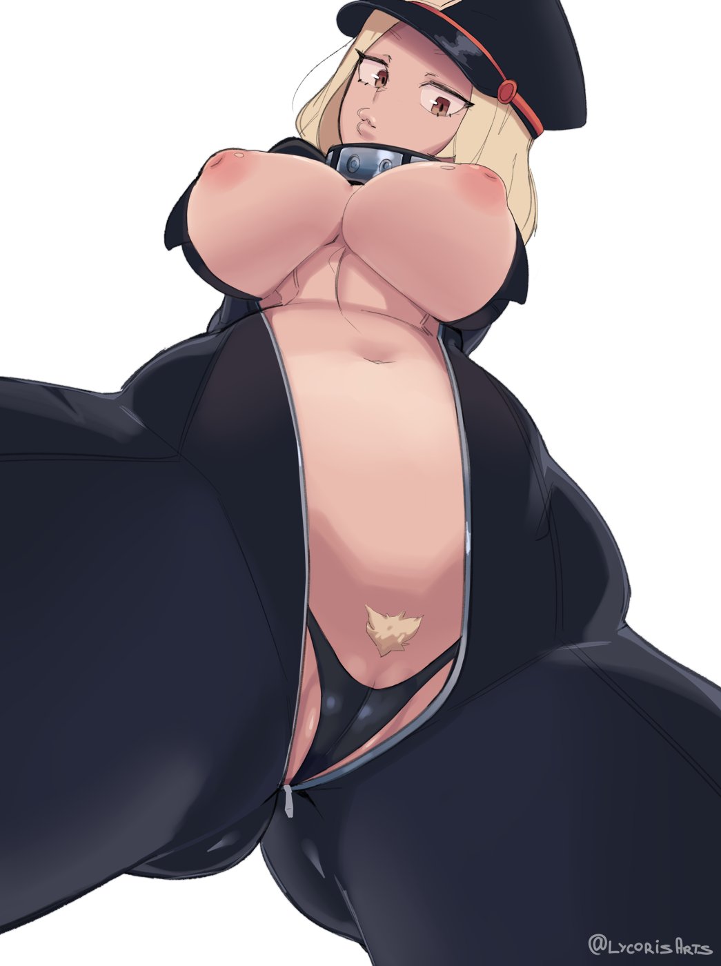 black_panties blonde_hair blonde_pubic_hair camie_utsushimi hero_outfit_(mha) inverted_nipples large_breasts looking_at_viewer looking_down lycoris_(artist) my_hero_academia nipples panties pubic_hair puckered_lips shiketsu_high_school_cap thong unzipped_bodysuit