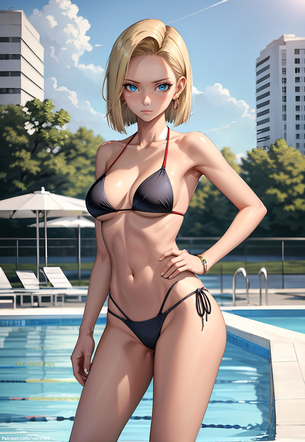 1girls, 2d, ai generated, android, android 18, athletic, athletic female, bare shoulders, belly, big breasts, bikini, bikini bottom, bikini top, blonde hair, blue eyes, bob cut, breasts, chest, curvy, curvy figure, cute, cute face, detailed, dragon ball, dragon ball fighterz, dragon ball super, dragon ball z, earrings, eyelashes, eyeshadow, female, female only, fit, fit female, focus, high quality, hoop earrings, legs, light skin, light-skinned female, lips, lipstick, looking at viewer, makeup, mascara, mature, medium breasts, medium hair, midriff, naked, navel, pale skin, pale-skinned female, petite, pool, poolside, posing, seductive, seductive eyes, seductive look, slim, stable diffusion, standing, string bikini, tagme, thighs, yellow hair