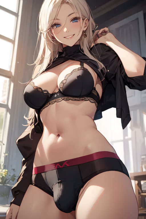 ai generated, bare midriff, black clothing, black underwear, blonde futa, blonde hair, bulge, bulge through clothing, daytime, futa only, futanari, indoors, intersex, lace trim, lingerie, looking at viewer, low-angle view, navel, original, original character, partially clothed, pixai, smile, smiling at viewer, solo, solo futa, underwear