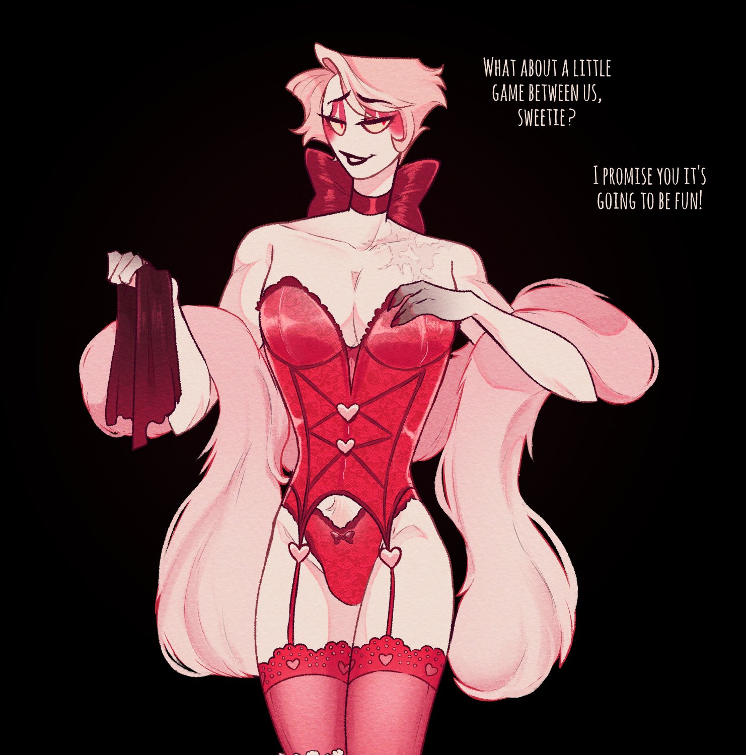 1boy, black lipstick, choker, corset, demon, dilf, femboy, femboy dilf, garter belt, garter straps, hazbin hotel, lingerie, lucifer morningstar (hazbin hotel), male, pale skin, sinningapple, solo, solo focus, solo male, text, thighhighs