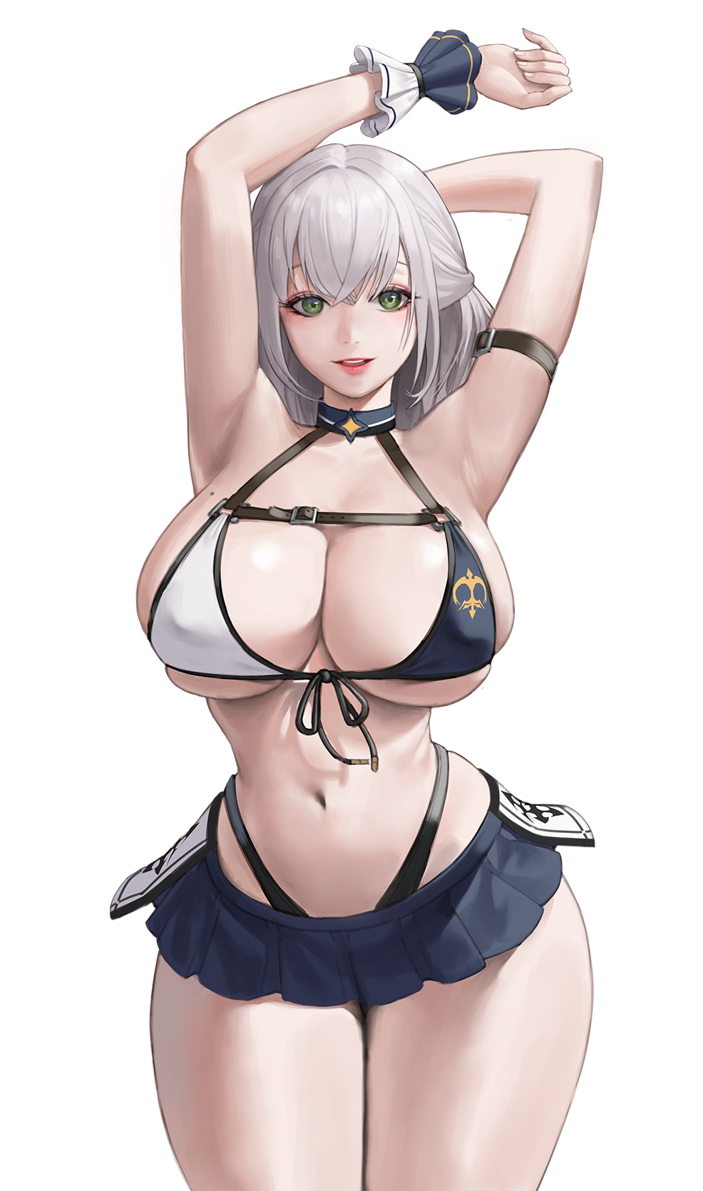 1girls, 2021, armpits, arms up, belly, bikini, bikini top, breasts, choker, covered nipples, eyebrows, eyelashes, female, female focus, female only, green eyes, grey hair, highleg, hololive, hololive fantasy, hololive japan, hourglass figure, kou (kokounene), large breasts, looking at viewer, microskirt, miniskirt, mole, mole on breast, navel, nipple bulge, nipples, shirogane noel, simple background, skirt, solo, solo female, solo focus, standing, thick thighs, thighs, virtual youtuber, white background, wide hips