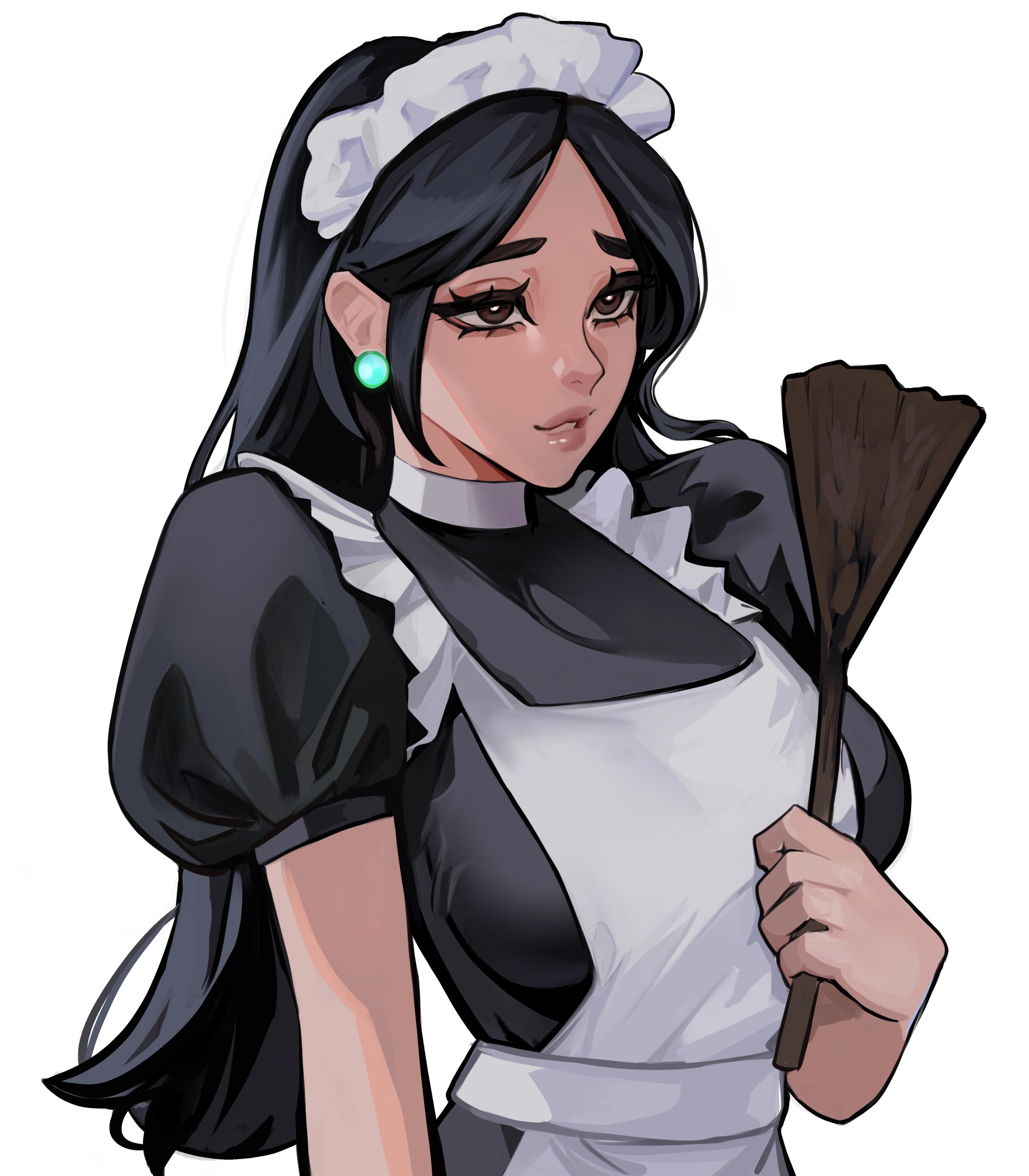 blonde hair, blue eyes, blush, brush, cute, earrings, female, ling ying wei, long hair, maid, maid headdress, maid outfit, maid uniform, sage (valorant), submissive, submissive female, valorant, vile jp