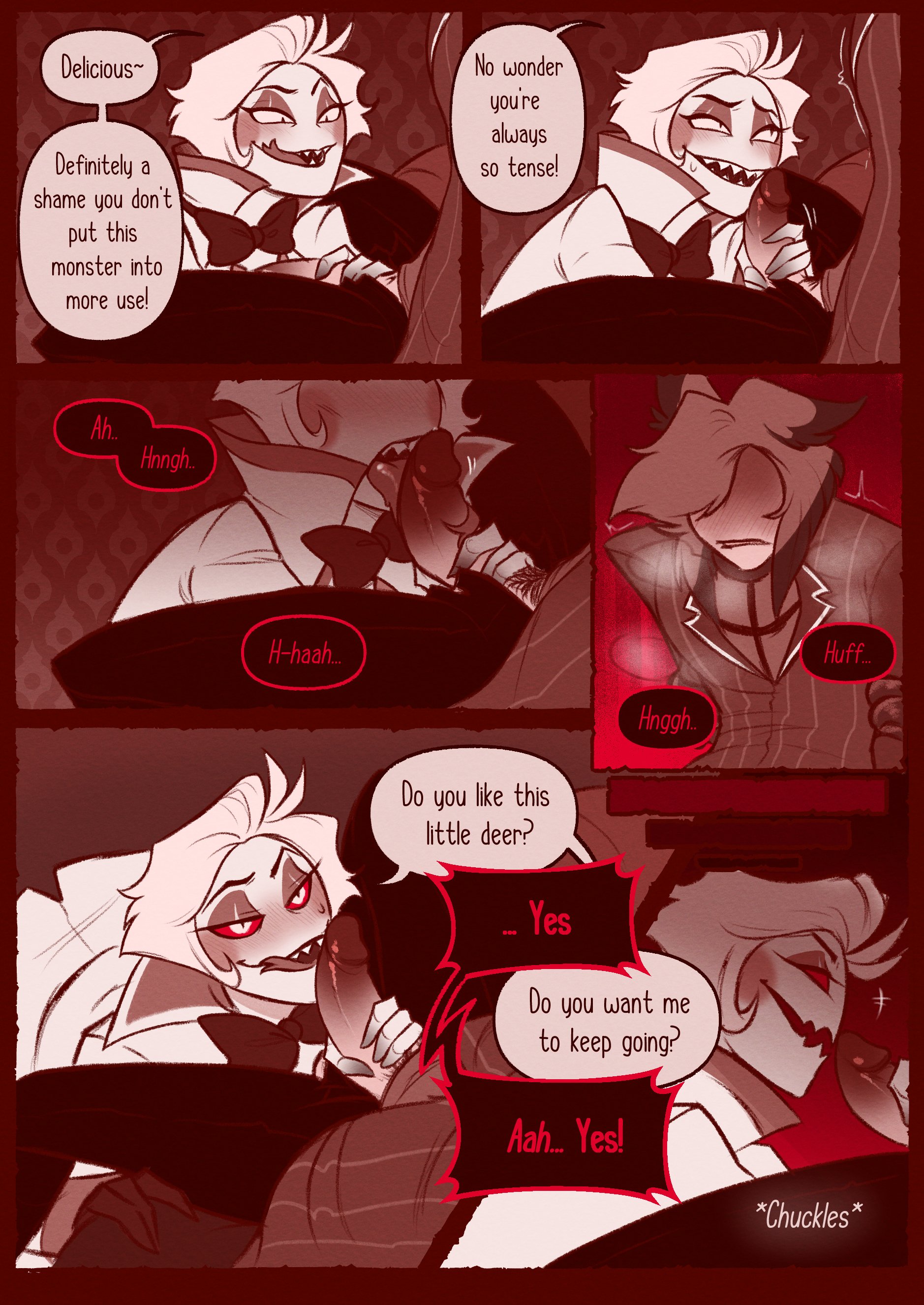 2boys, alastor (hazbin hotel), blush, choking, clothed, comic, demon, erection, fellatio, hazbin hotel, kneeling, licking, licking penis, lucifer morningstar (hazbin hotel), male, male only, penis, radioapple, restrained, sharp teeth, sinningapple, tentacle, text, undressing