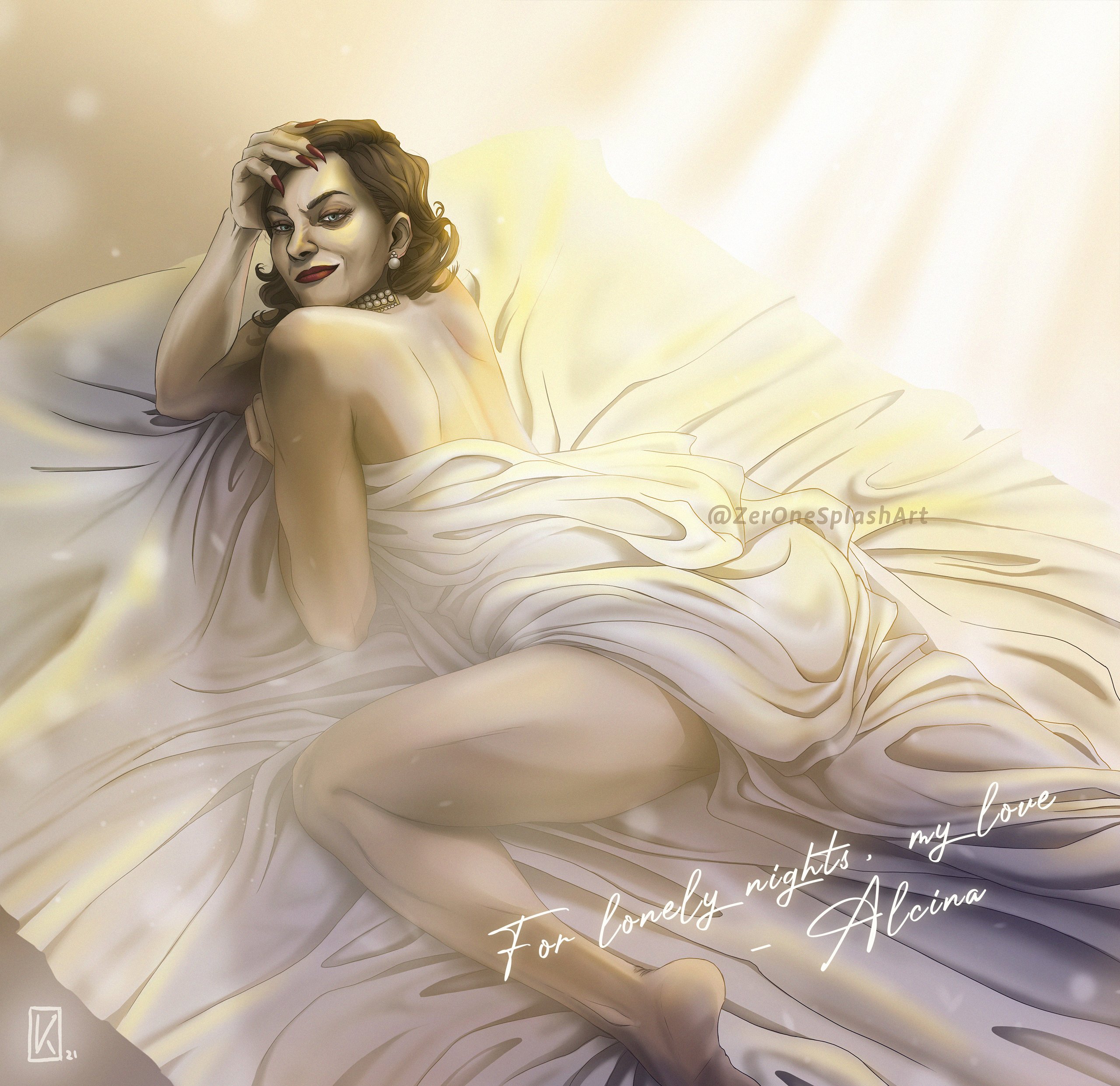 alcina dimitrescu, female, looking at viewer, milf, nude, nude female, on bed, resident evil, resident evil 8: village, solo, under covers, writing, zerone (artist)