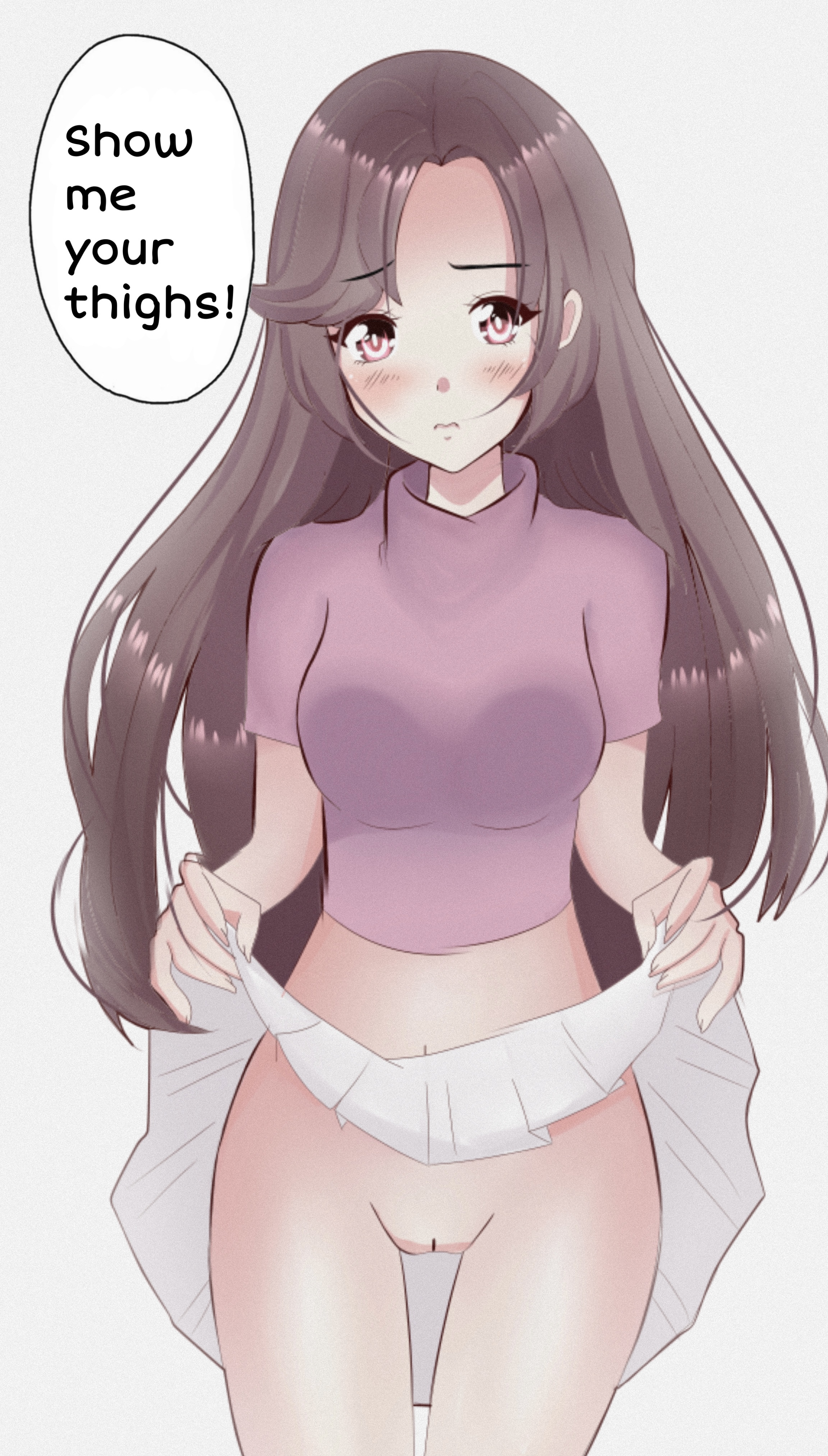 brown hair, female, going commando, honobread, kurinto uesutouddo, long hair, no panties, pink shirt, pussy, skirt, skirt lift, speech bubble, white skirt, youtube, youtuber