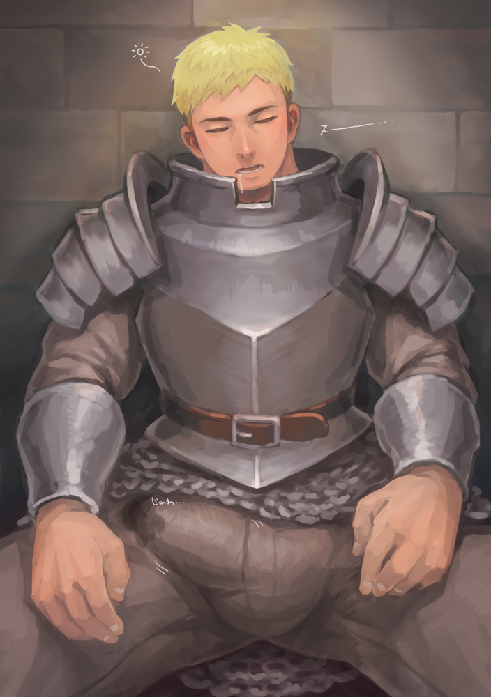 1boy against_wall armor arms_at_sides bara belt blonde_hair breastplate bulge drooling dungeon_meshi erect_while_sleeping erection erection_under_clothes feet_out_of_frame laios_touden light-skinned_male long_sleeves male male_focus male_only muscular muscular_male precum precum_through_clothes short_hair sitting sleeping solo spread_legs syu0909 twitching_penis