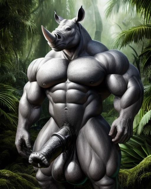 1boy ai_generated anthro equine_penis horse_penis horsecock huge_balls huge_cock lonely_man massive_balls massive_penis monster monster_cock muscular muscular_anthro muscular_male rhinoceros