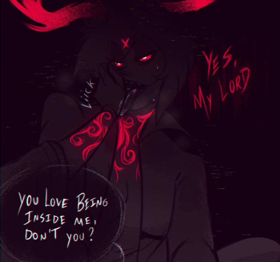 2boys, alastor (hazbin hotel), dark, gay, glowing, hazbin hotel, licking, lucifer morningstar (hazbin hotel), male, male only, male/male, pov, sinningapple, text, tongue, tongue out, yaoi