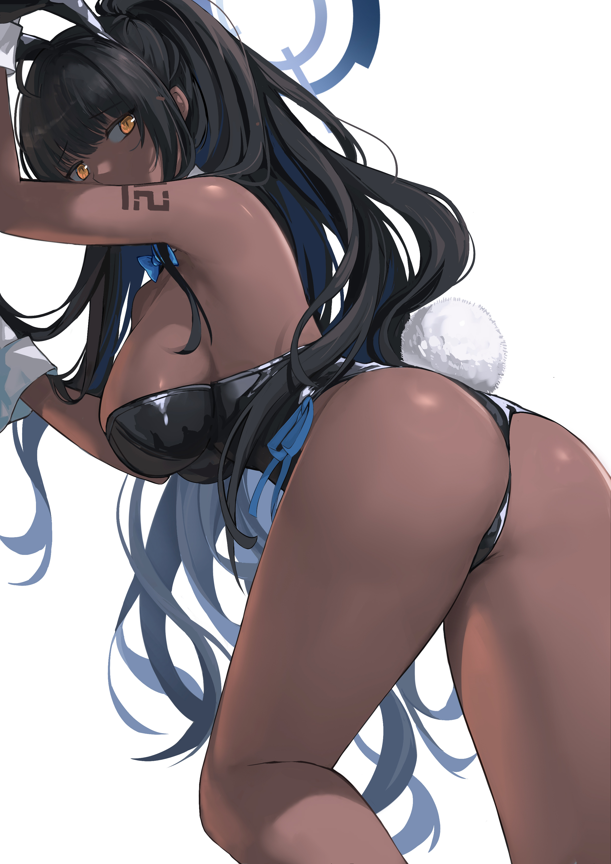 1girls, 2021, 2r-, absurdres, alternate version available, animal ears, arm tattoo, arm up, ass, bangs, bare legs, bare shoulders, black hair, black leotard, blue archive, blue bow, blue neckwear, blue ribbon, bow, bowtie, breasts, commentary request, covered mouth, cowboy shot, dark skin, dark-skinned female, detached collar, eyebrows visible through hair, fake animal ears, fake tail, female, female focus, female only, from behind, from below, halo, hand up, high ponytail, highres, karin (blue archive), karin (bunny) (blue archive), large breasts, leaning forward, leg up, leotard, long hair, looking at viewer, looking back, looking down, millennium science school student, playboy bunny, ponytail, rabbit ears, rabbit tail, ribbon, side-tie leotard, sidelocks, simple background, slit pupils, solo, solo female, solo focus, standing, strapless, strapless leotard, tail, tattoo, very long hair, wavy hair, white background, wrist cuffs, yellow eyes