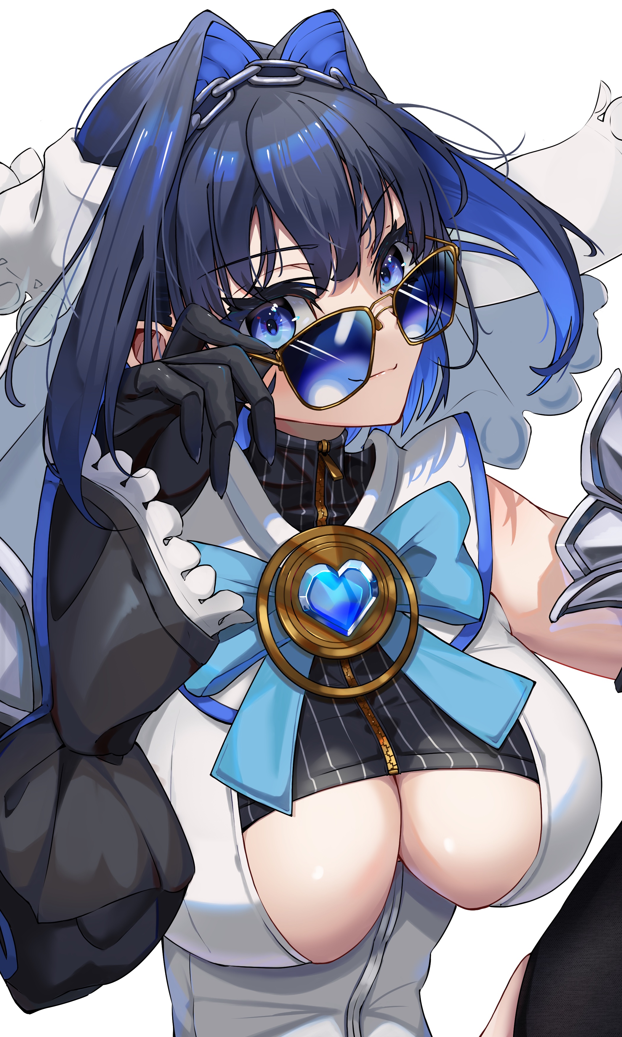 adjusting eyewear, adjusting glasses, adjusting sunglasses, big breasts, blue hair, blue-tinted eyewear, breasts, female, hololive, hololive english, hololive english -council-, hololive english -promise-, huge breasts, looking at viewer, looking over eyewear, looking over glasses, looking over sunglasses, ouro kronii, ribbon, sunglasses, tinted eyewear, virtual youtuber