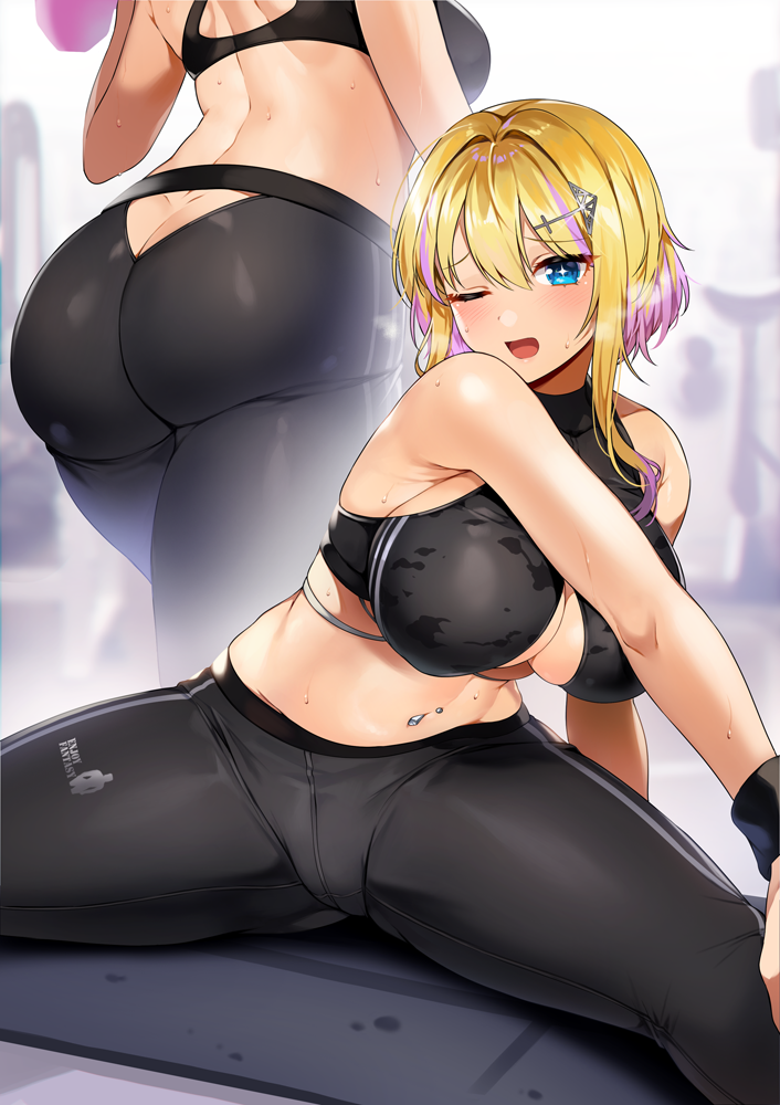 1girls 2020 ass ass_cleavage ass_cutout azur_lane bare_arms bare_shoulders black_sports_bra blonde_hair blue_eyes blush breasts butt_crack cleavage cleavage_cutout clothing_cutout exercise eyebrows_visible_through_hair female female_focus female_only gijang hair_ornament hairclip halter_top halterneck heavy_breathing large_breasts leggings long_hair looking_at_viewer marblehead_(azur_lane) marblehead_(boxing_girl!)_(azur_lane) midriff multicolored_hair multiple_views navel_piercing one_eye_closed open_mouth pants piercing pink_hair short_hair short_hair_with_long_locks sidelocks sleeveless solo solo_female solo_focus sports_bra spread_legs streaked_hair stretch sweat symbol-shaped_pupils tight tight_pants tongue track_pants two-tone_hair yoga_pants