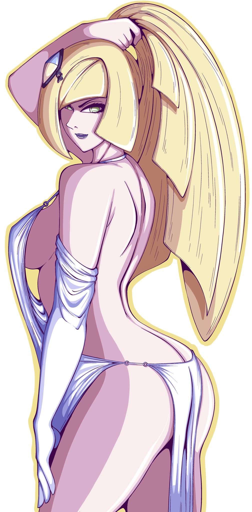 1girls, anotherlewdartist, armwear, ass, big breasts, blonde hair, breasts, clothing, dress, elbow gloves, female, female only, game freak, gloves, green eyes, hair, lips, lipstick, lusamine (pokemon), mature, mature female, milf, mother, pokemon, pokemon sm, ponytail, side view, sideboob, skimpy, skimpy dress, solo, solo female, thighs, white dress, white gloves