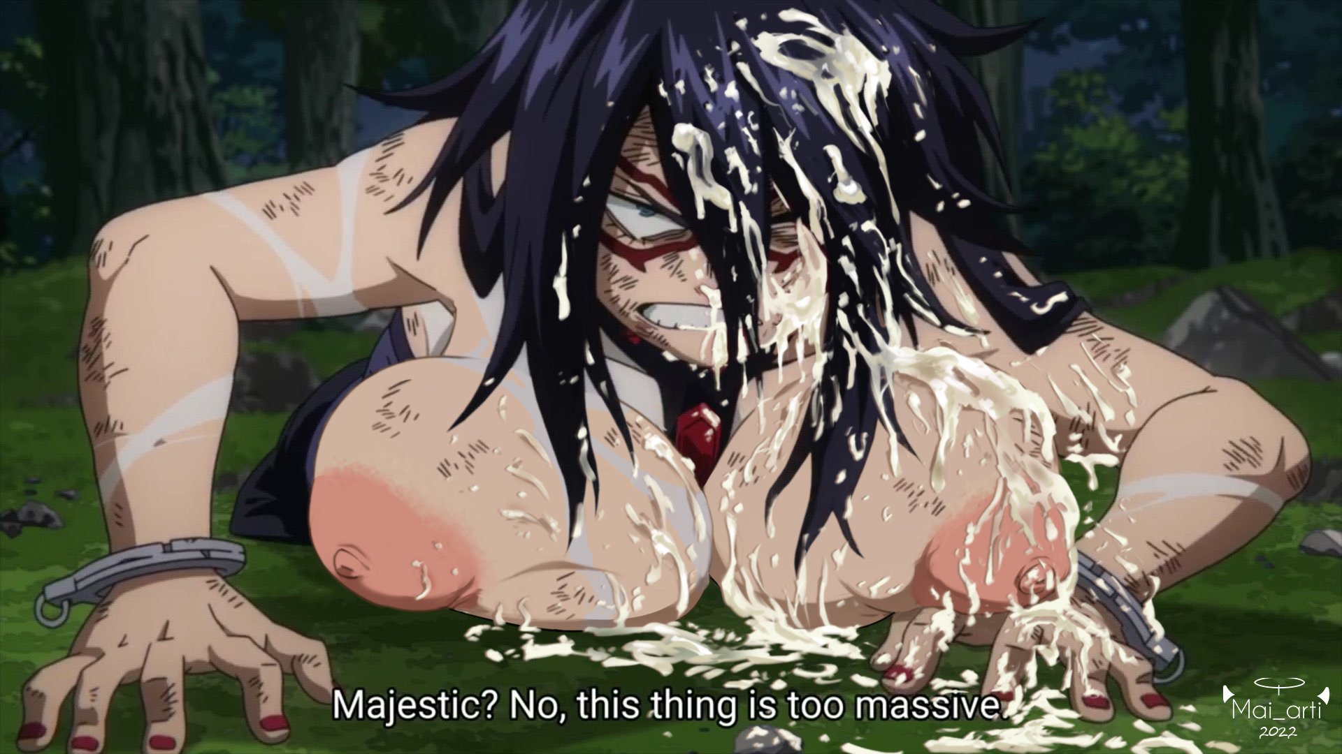 areolae, beaten, big areola, big breasts, breast press, breasts, cuffs, cum, cum on breasts, cum on face, defeated, defeated heroine, edit, female, hero outfit (mha), huge breasts, imminent death, mai arti, midnight (my hero academia), my hero academia, nipples, on ground, puffy areola, rape