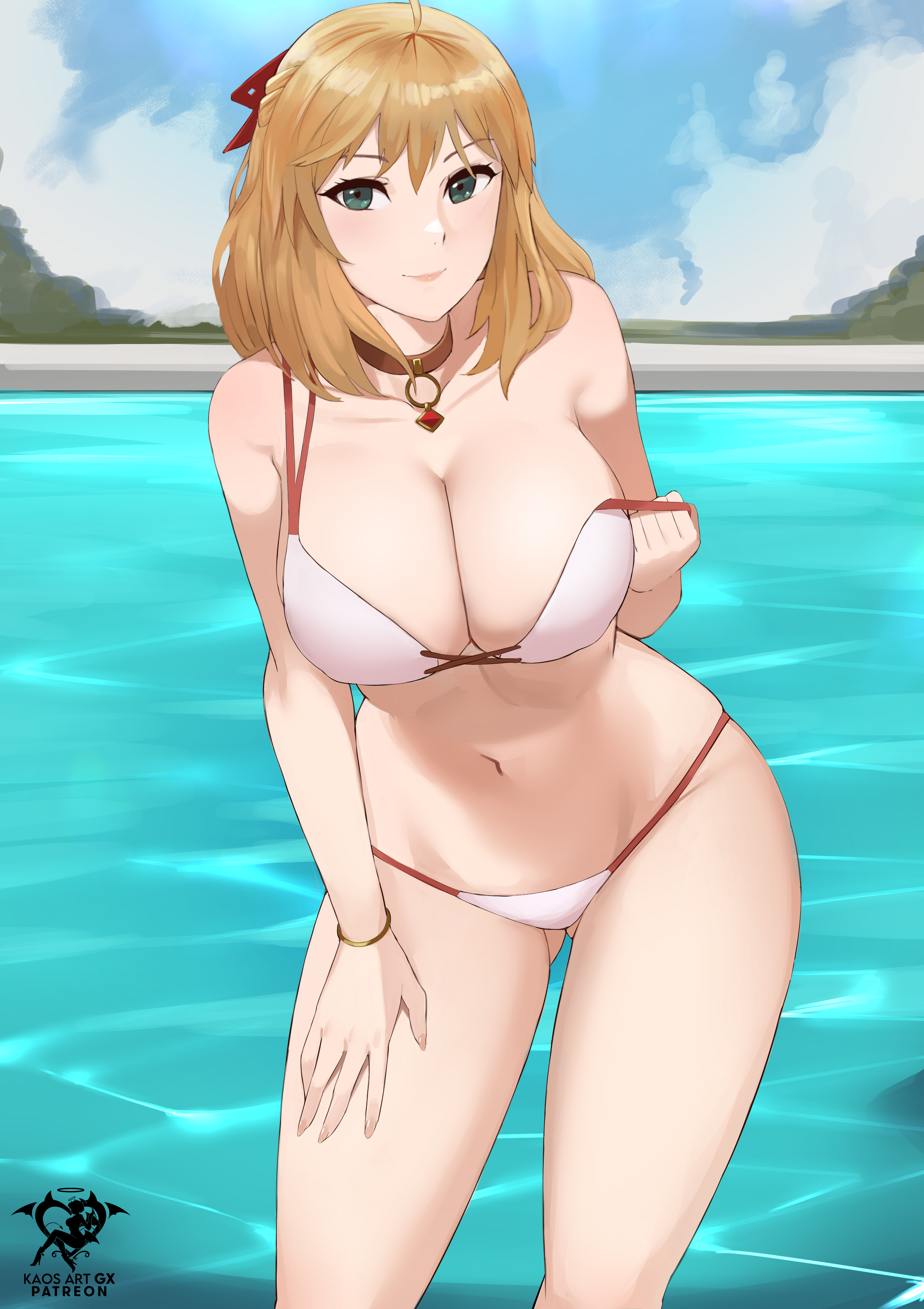 1girls, bikini, blonde hair, bracelet, breasts, choker, clouds, female, fiora (xenoblade), green eyes, hair ornament, kaos art, large breasts, long hair, looking at viewer, midriff, navel, nintendo, outside, sky, swimsuit, water, white bikini, white swimsuit, xenoblade (series), xenoblade chronicles